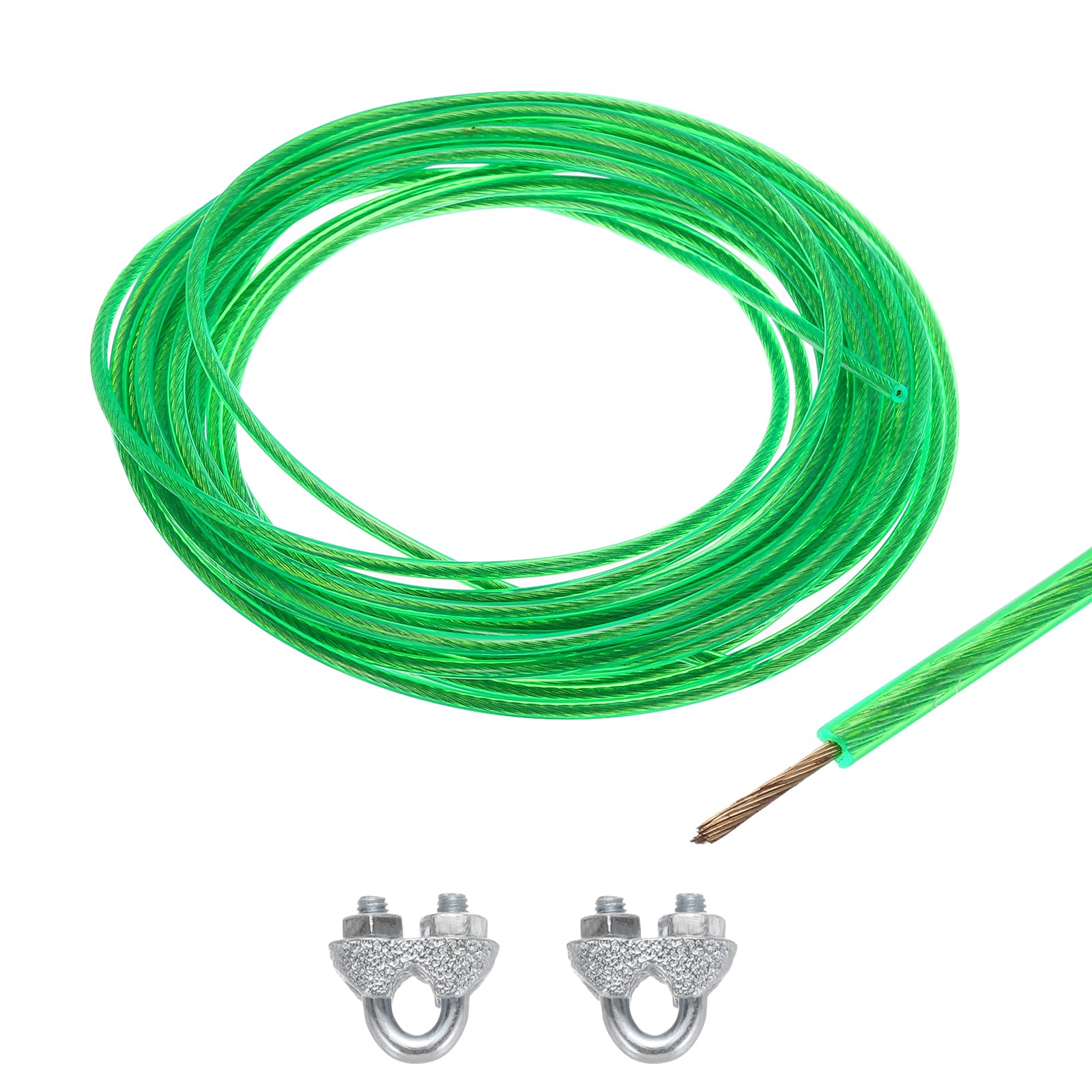 MECCANIXITY 2.5mm (3/32 inch) Green Vinyl Coated Wire Rope, 6m /20ft Galvanized Steel Cable Wire Rope with 2PCS M3 Loop Sleeves for String Light Hanging, Deck Railing, Garden Wire