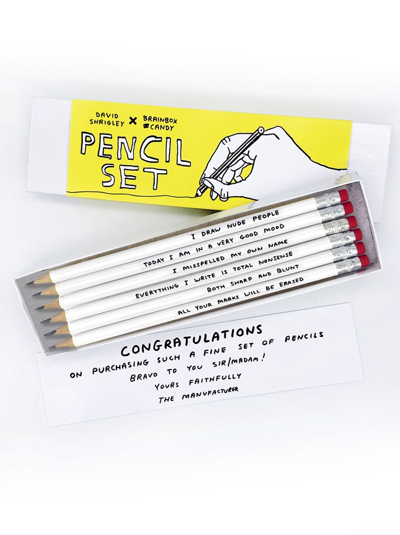 Brainbox Candy - Official David Shrigley - Pencil Gift Set - 6 Pack - Workplace Humour - Funny Stationery - Novelty Gift Ideas - Birthday Christmas - For Him Her Men Women Friends