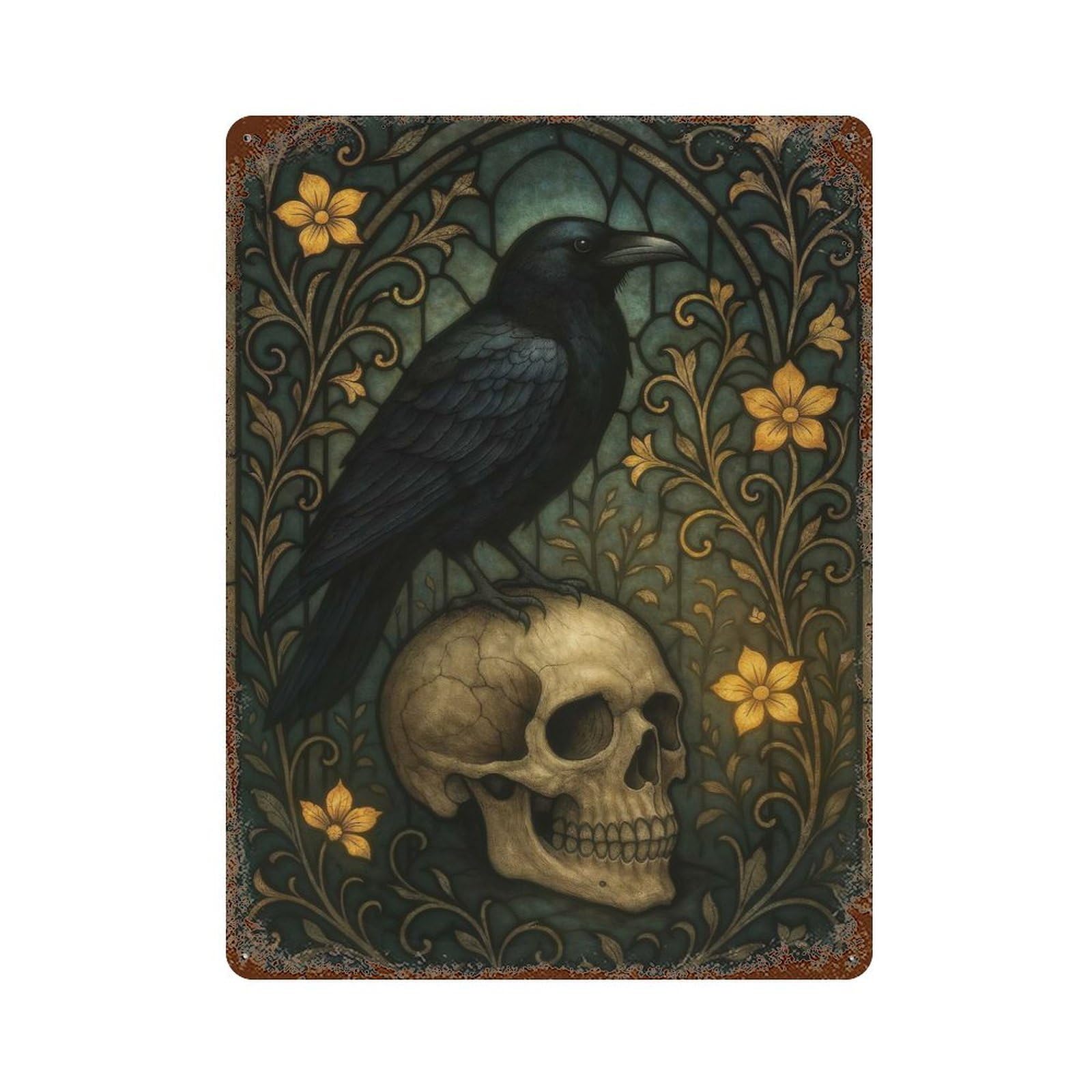 Retro Metal Sign with Stained Glass Raven on Skull Design 15.7"x11.8", for Office, Studio And Wall Decor, Retro Wall Decor