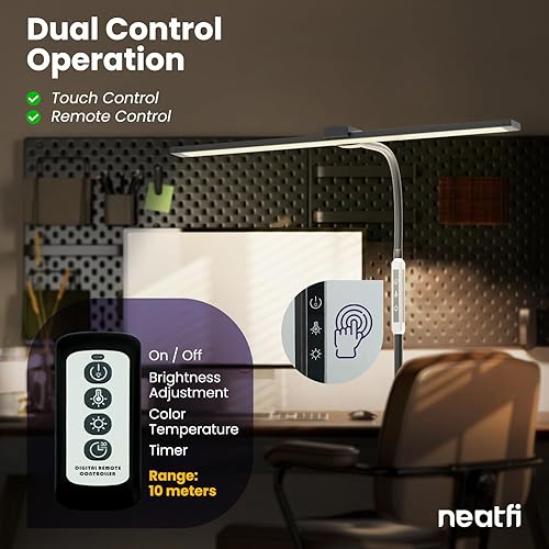 Miniatura 2 de Neatfi Lámpara de escritorio moderna con abrazadera, control táctil y remoto, 15 W, temperatura de color ajustable (3000 K-6000 K), atenuación