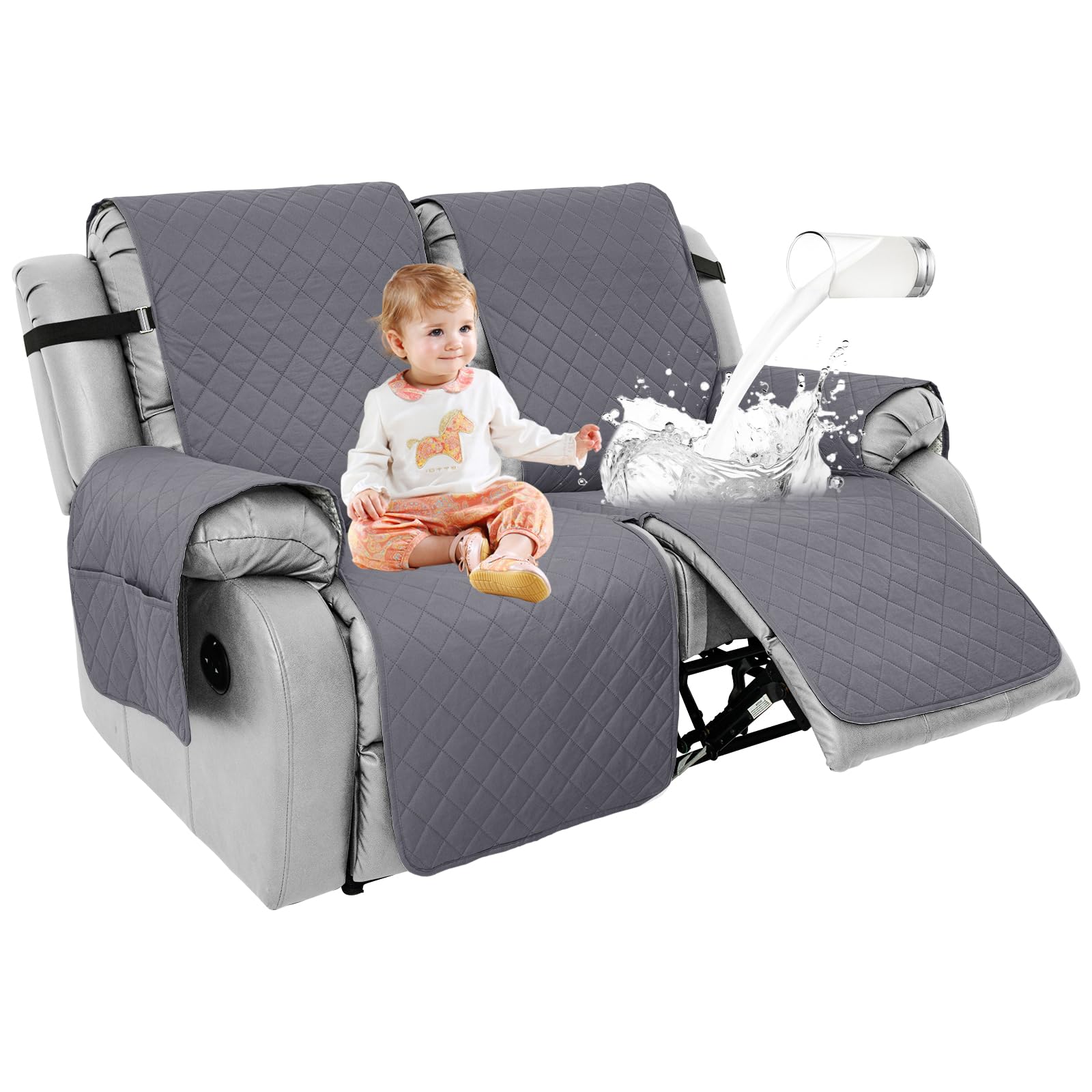 RAPRAP 100% Waterproof Recliner Sofa Covers, Non-Slip Recliner Chair Cover 2 Seat, Washable Recliner Armchair Covers with Pockets for Dog, Pets, Kids,Grey,2 Seats