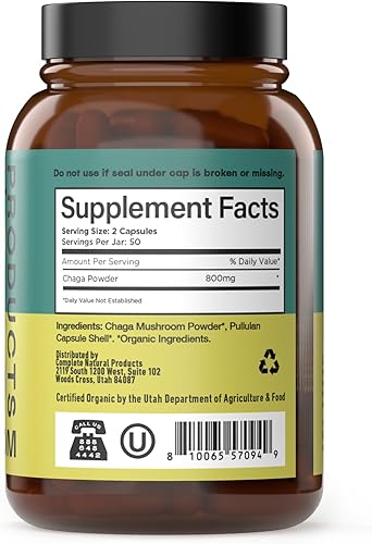 Miniatura 3 de Complete Natural Products Cápsulas orgánicas de hongos Chaga - 100 unidades, poder antioxidante orgánico, refuerzo inmunológico, apoyo intestinal,