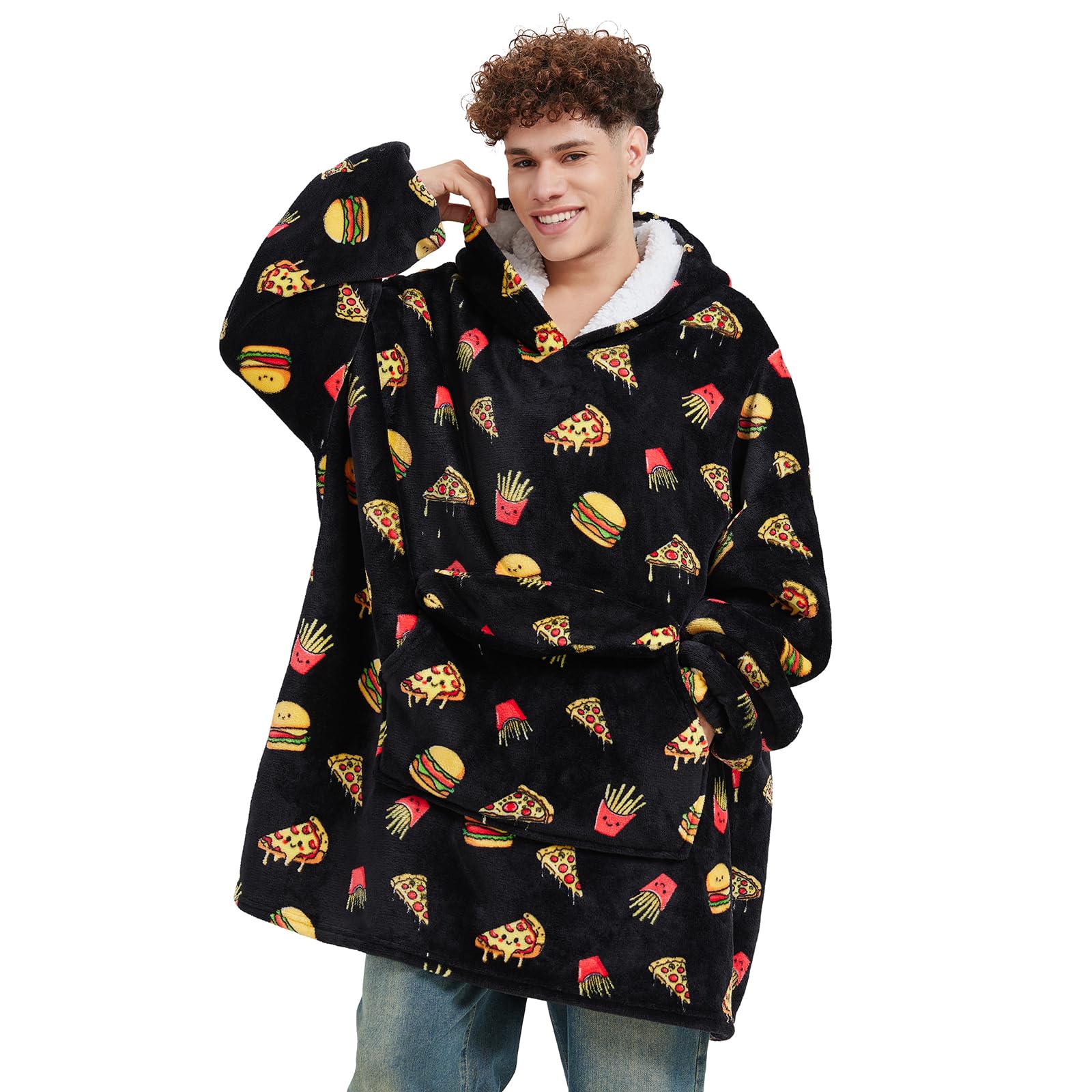 Fiosnow Pizza and Chips Blanket Hoodies for Women and Men Adult Oversize Wearable Blanket Hoodies for Soft and Warm