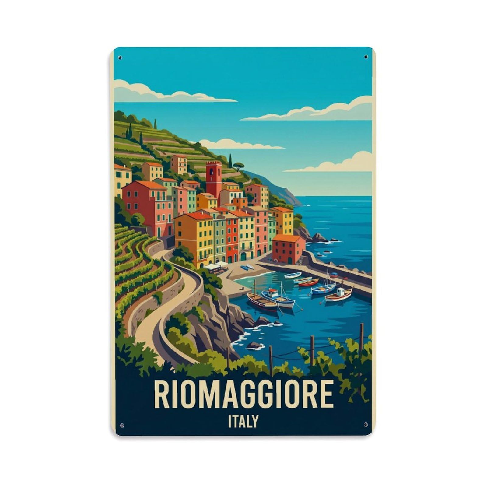 Classic Riomaggiore Italian Riviera Mediterranean Coast Metal Tin Sign Plaque Wall Decor for Cafe, Man Cave, Club Bar, Office, Home Garden Round Metal Poster 8x12Inch