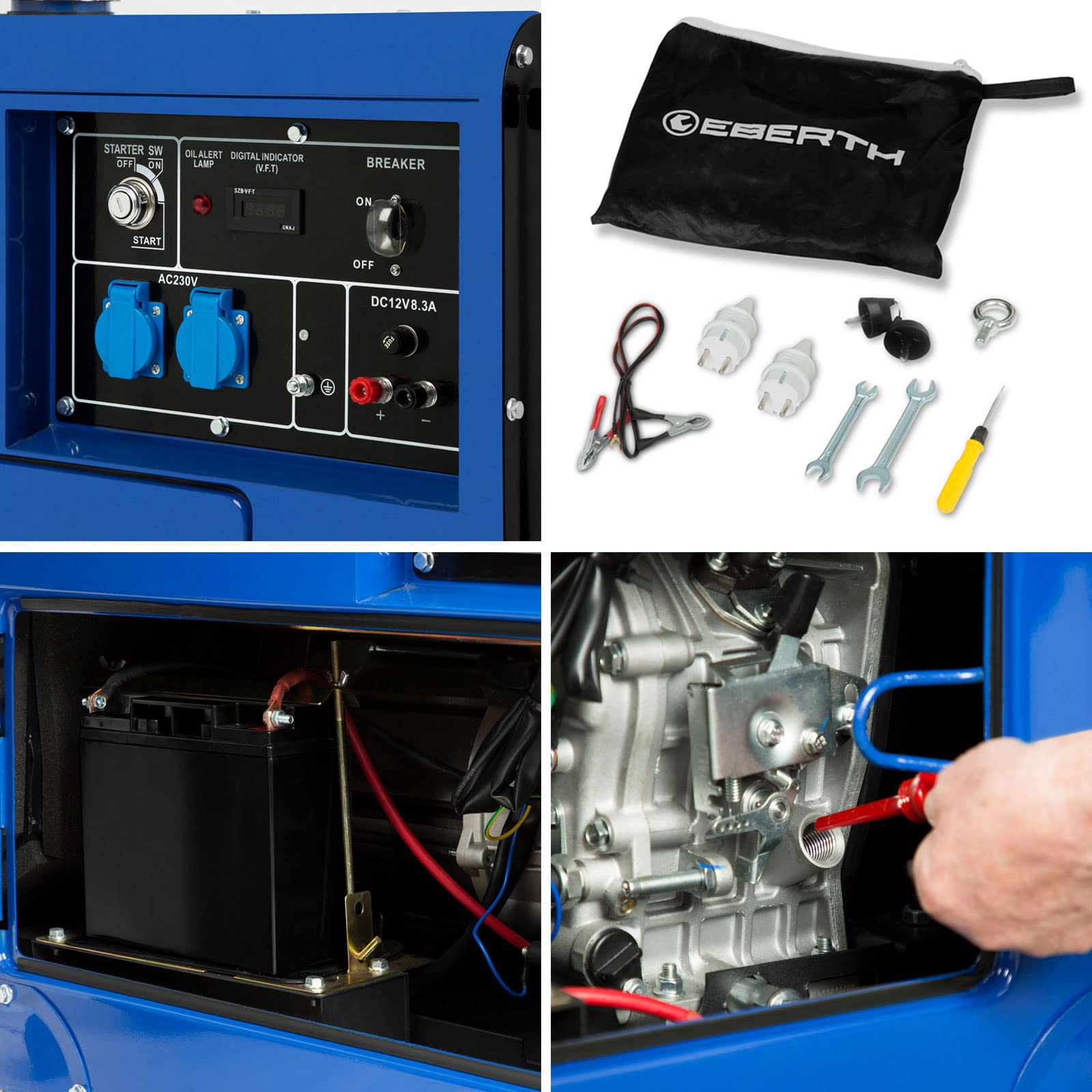 EBERTH 5000 Watt Groupe Electrogene Diesel, Generateur Electrique avec Moteur Diesel 10 CV, 4 Temps, Démarreur électrique, 2x 230V, 1x 12V, Régulateur AVR, Sécurité Niveau d'huile