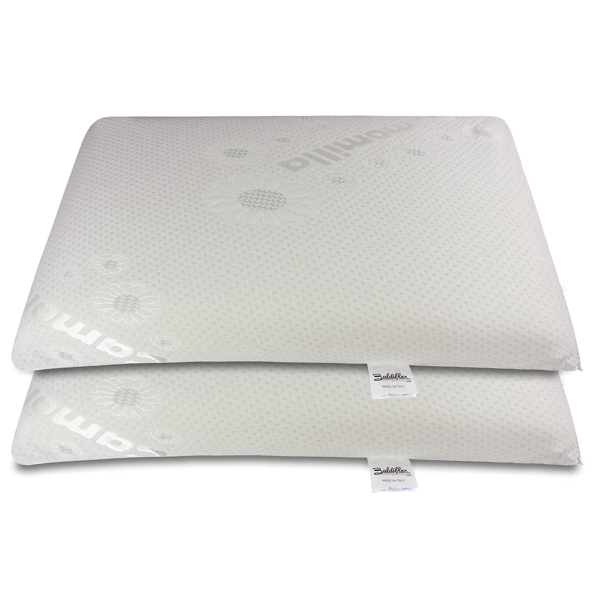 Baldiflex Emporio Coppia Cuscini Memory Foam Ergonomici Saponetta, Fodera Camomilla Rilassante, Sfoderabile e Lavabile, Misura 40x70 cm Alto 12.5 cm, Anticervicale