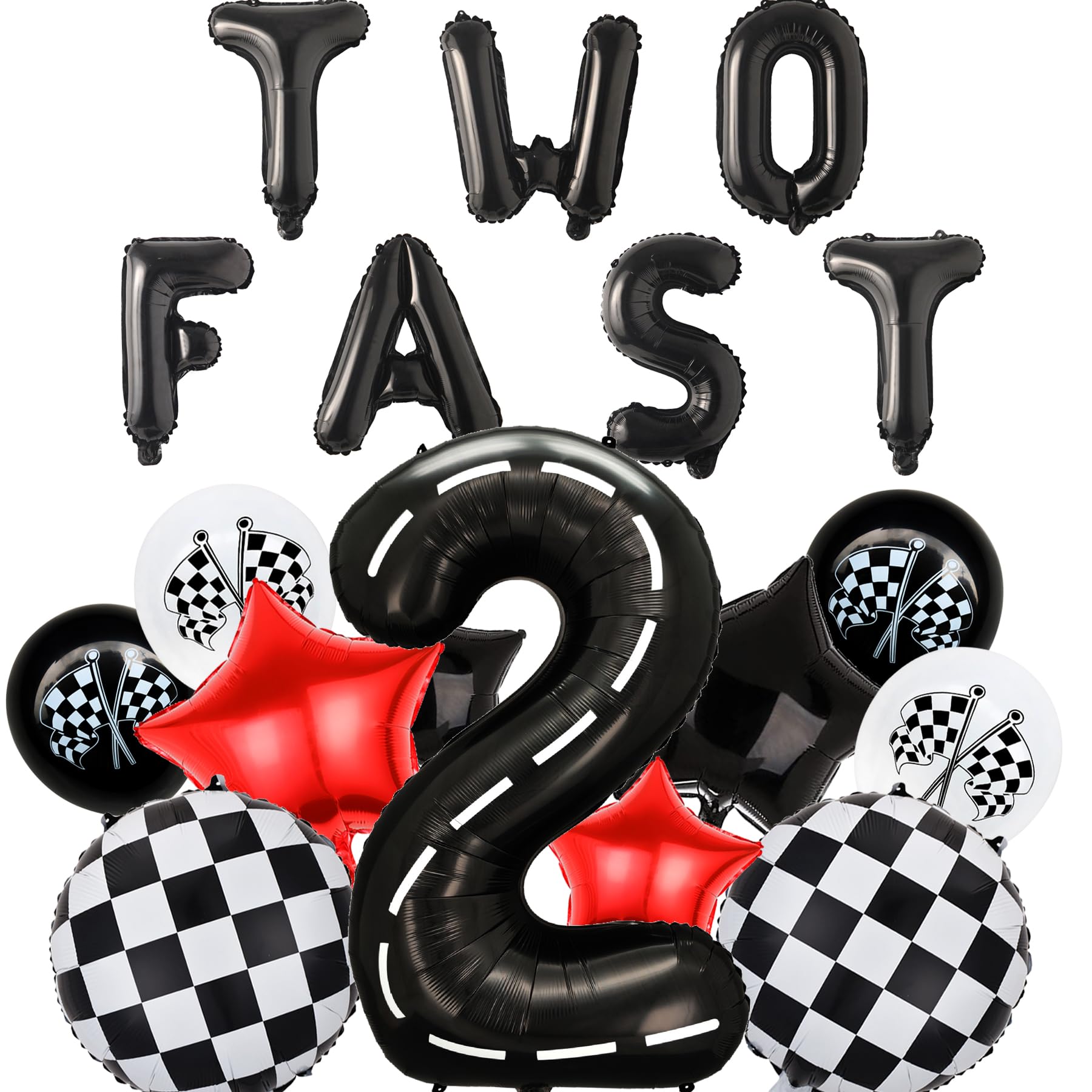 Race Car 2nd Birthday Party Balloons,Two Fast Letter Banner Balloon 40 Inch Racetrack Number Balloon 2 Black for Boys 2nd Birthday Decorations,Race