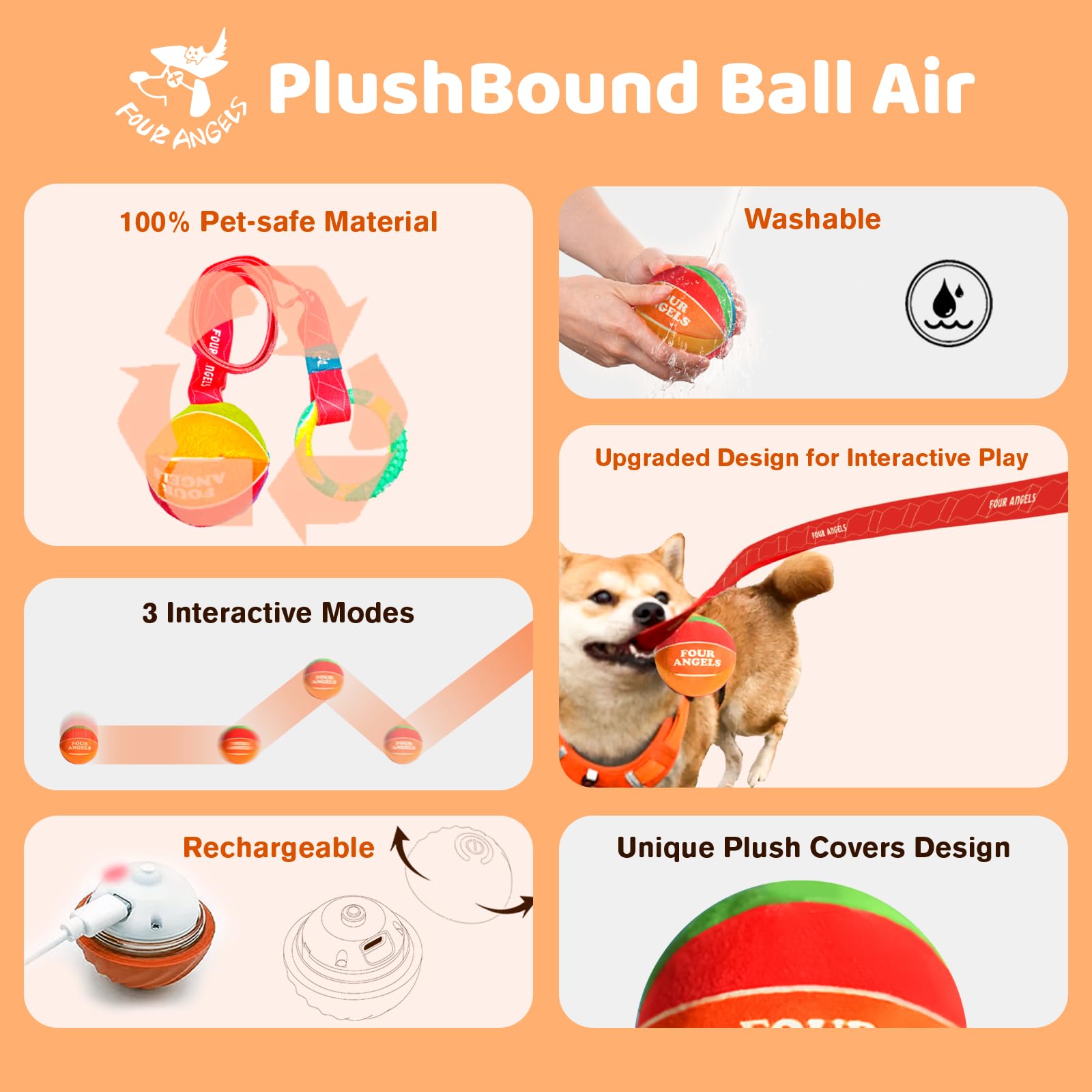 FOUR ANGELS 2025 New Generation Tough Tug of War Dog Toy – Interactive Elastic Rope Bouncing Ball Set with Automatic Motion, Perfect for Indoor Dogs, Self-Play, and Interactive Fun (Orange)
