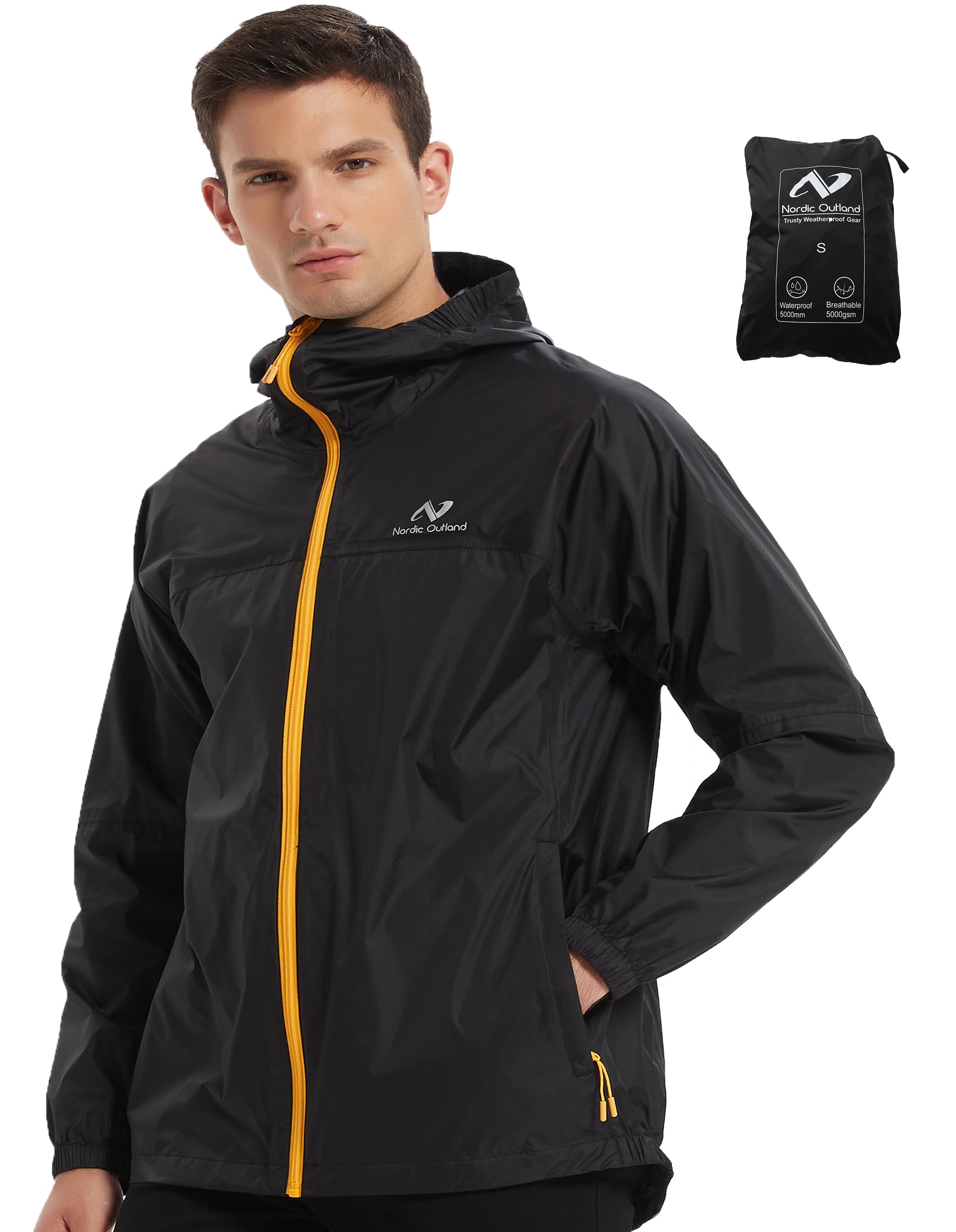 NORDIC OUTLANDRain Jacket Men Packable Lightweight, Waterproof Breathable Raincoat with Hood, Outdoor Hiking Winbreaker