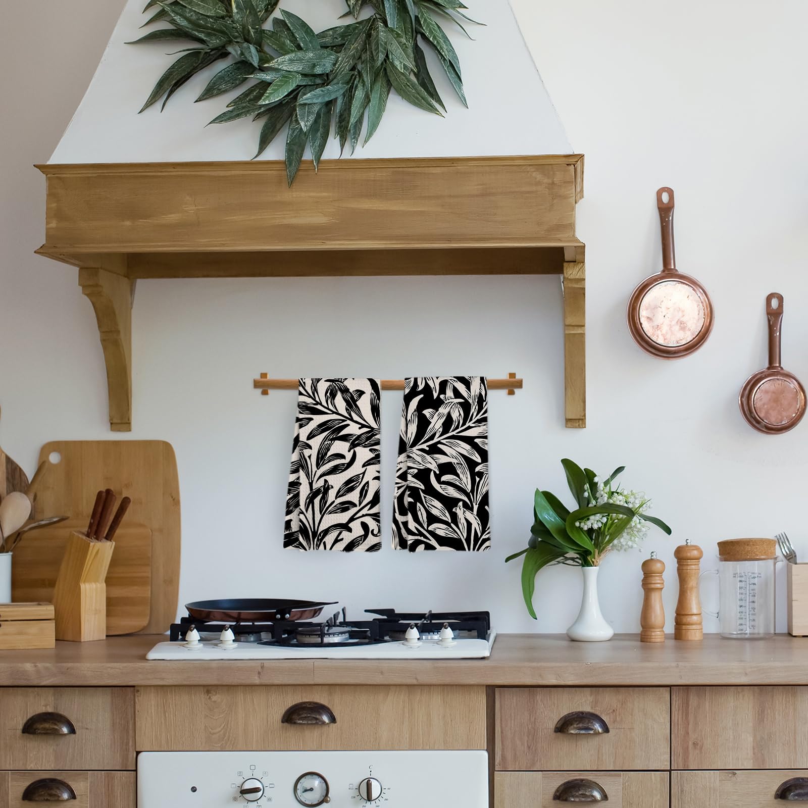 Juego de 2 paños de cocina y paños de cocina con hojas negras y beige, modernos, botánicos negros, hojas de mediados de siglo, paños de cocina decorativos para baño, cocina, 16 x 24 pulgadas