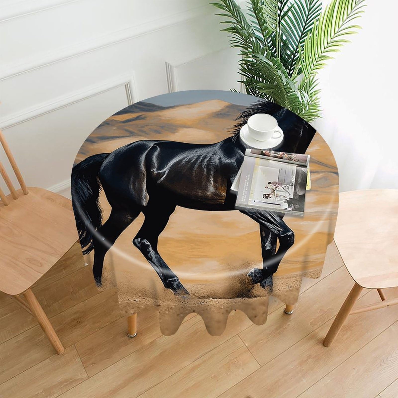 VstaDank Black Arabian Horse Tablecloth Easy to Clean Polyester Round Table Cover Washable Round Table Cloth Wrinkle-Free Circle Decoration Tablecloth for Kitchen Dining Room 60"