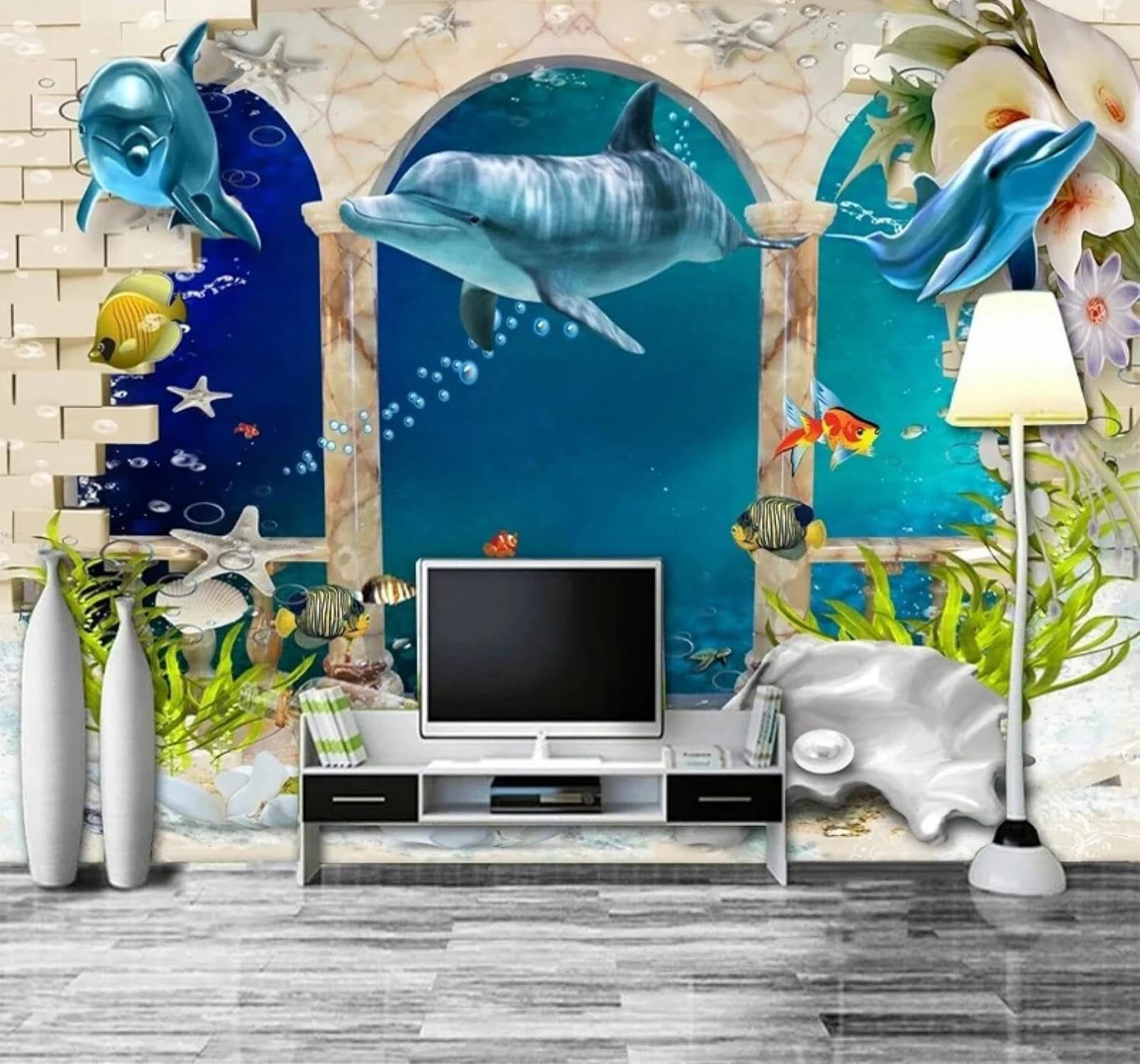 Xlming 400Cm×280Cm(B×H) Cartoon Underwater World Ocean Dolphins Brick Wall 3D Wallpaper Silky Texture Home Study Office Grey Dining Room Sofa Bedroom Living Room Tv Backdrop-400Cm×280Cm
