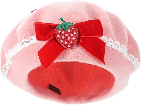 Amosfun Wool Beret Hat Strawberry Bowknot Beret French Style