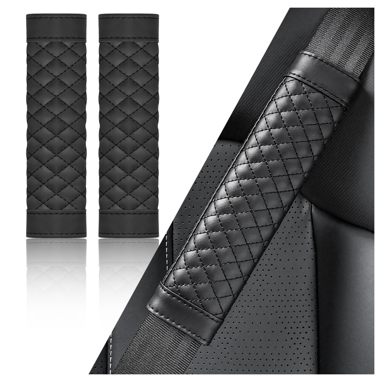 carleef 2PCS Car Seat Belt Cover Pad,Soft Leather Seatbelt Covers Breathable Seatbelt Cushion with Plaid Design,All Seasons Universal Car Interior Accessories Seat Belt Cover for Kids & Adults (Black)
