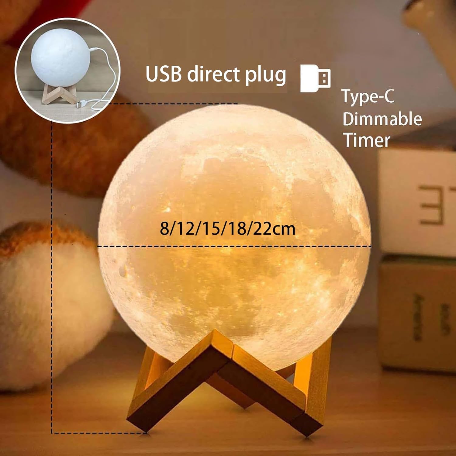 Lampada a forma di luna 3D, lampada da comodino USB con telecomando e supporto in legno, luce notturna unica per camera da letto, regali per donne, bambini, decorazione natalizia e del Ringraziamento