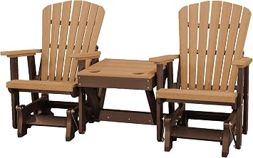 DutchCrafters Slat Fan Back Double Poly Adirondack Glider Outdoor Patio Chairs with Center Table Tudor Brown & Cedar