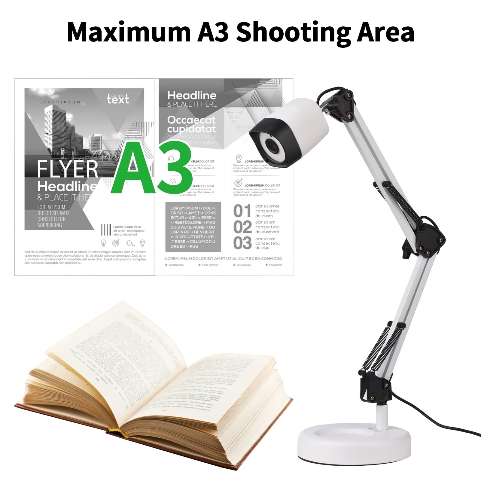 Escáner de documentos 2 en 1 Cámara y cámara web con luz adicional automática y LED Tamaño de escaneo A3 de alta definición HD de 8 megapíxeles