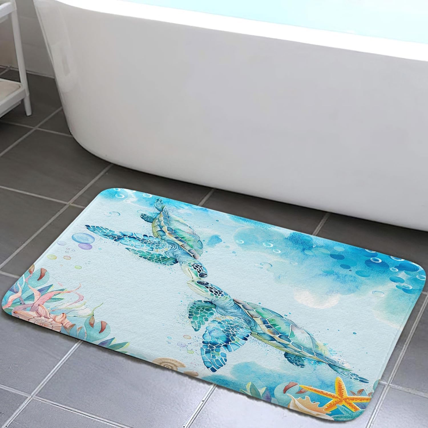 DYNH Turtle Bathroom Rugs, Sea Turtle Bathroom Rugs, Tropical Marine Animals Blue Ocean Underwater Seashell Nautical Turtle Beach Non Slip Bath Rug/