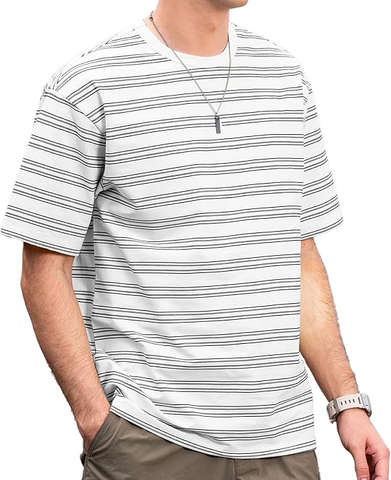 Men's Stripe Short Sleeve T-Shirt Mens Classic Casual Stripe Loose Shirts