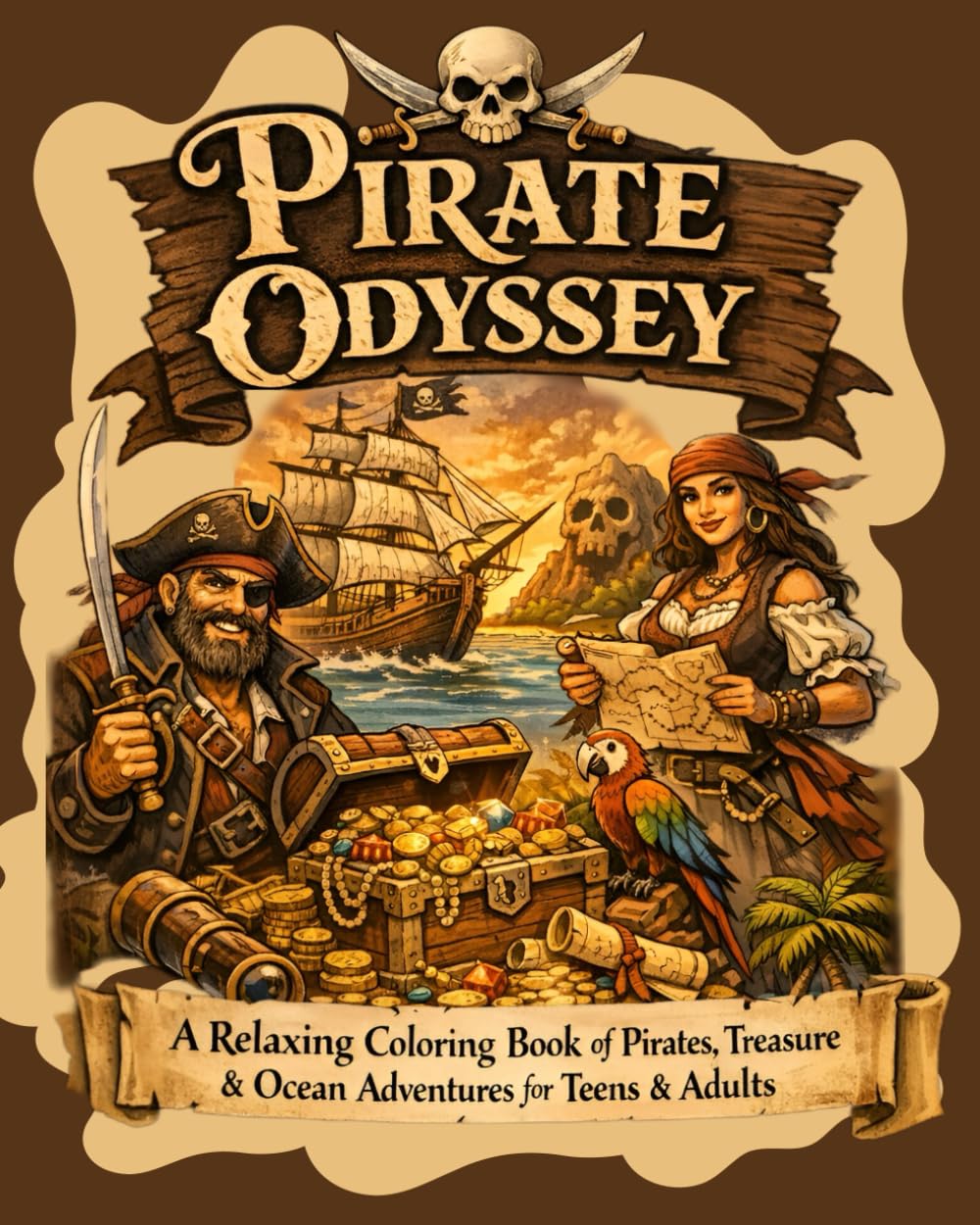 Pirate Odyssey: A Relaxing Pirate Coloring Book for Teens & Adults Featuring Treasure, Ocean Adventures, Mermaids & Sea Creatures