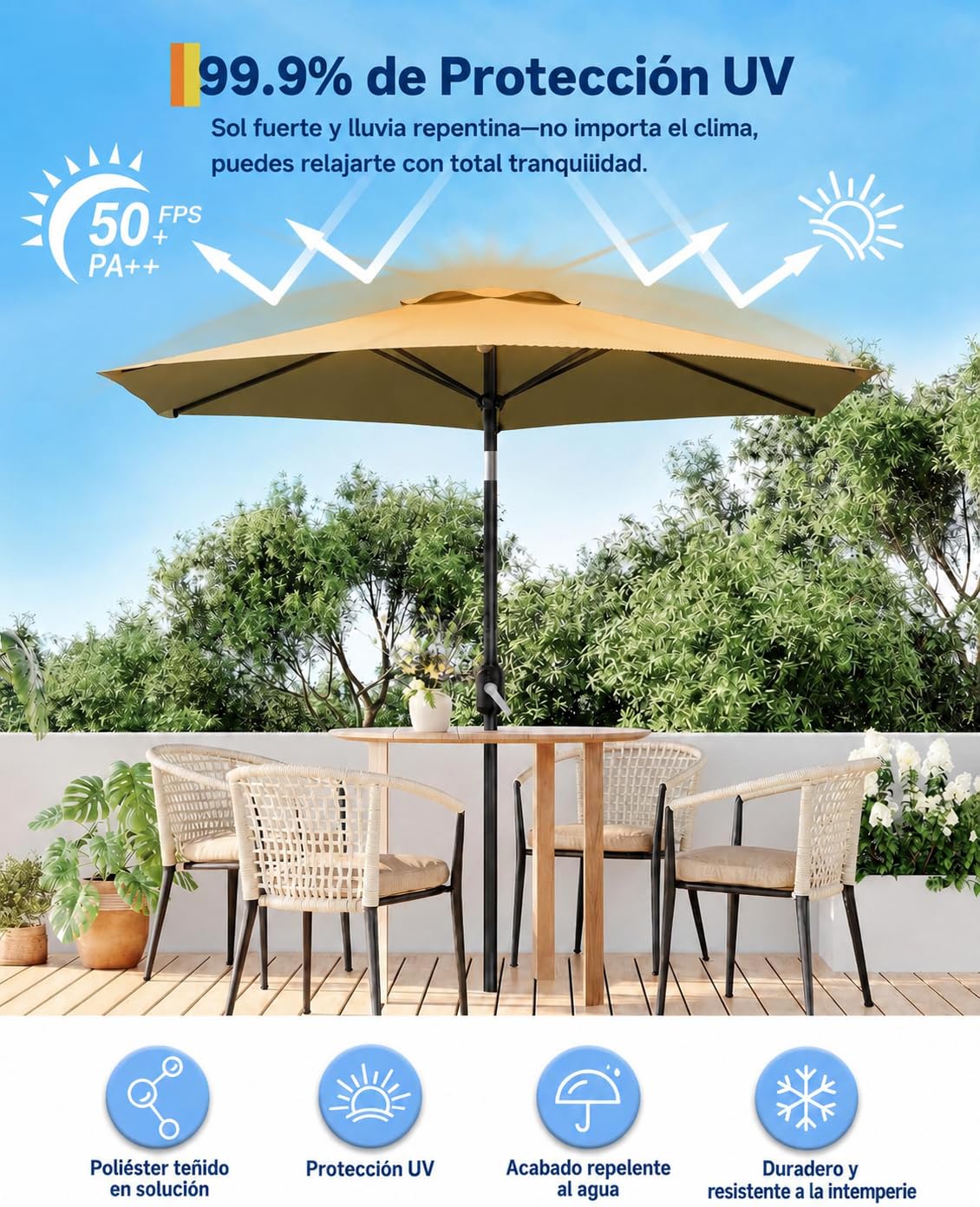 Sombrilla De Jardín LED Solar De 10 Pies, Protección Contra Los Rayos UV, Resistente a La Lluvia y Al Viento, Ideal Para Terrazas, Jardines, Balcones, Piscinas y Patios Beige