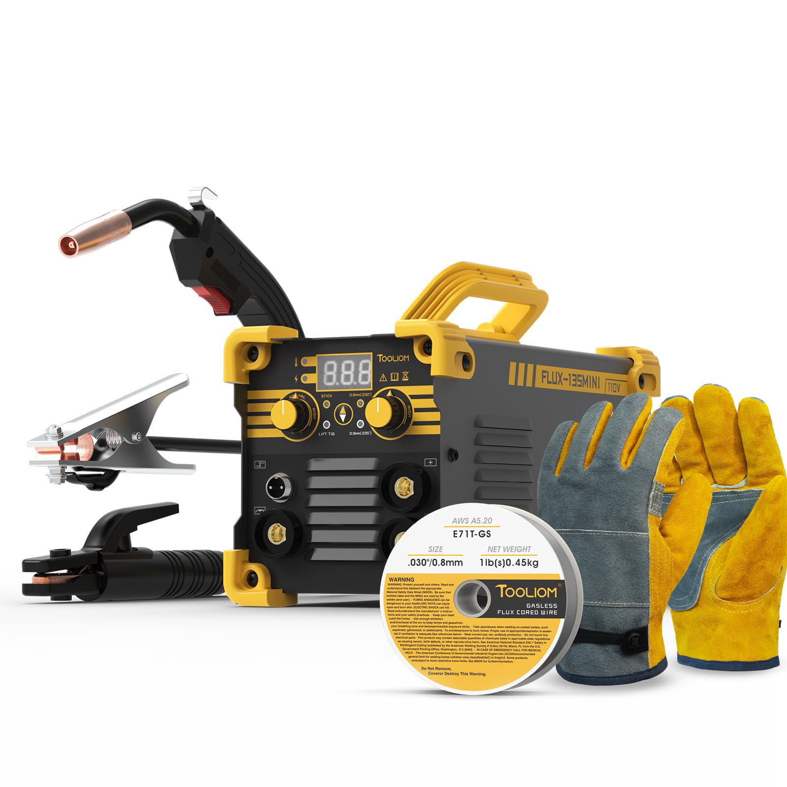 TOOLIOM 135A Mini MIG Welder Flux Core 110V MIG Welder Gasless Flux MIG/Lift TIG/Stick 3 in 1 Welding Machine Portable