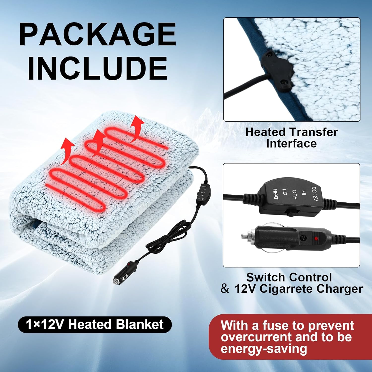 Riakrum 12v Heated Car Blanket 58" x 43", 3 Heating Level Electric Heated Blanket Portable Throw with Temperature Controller Cigarette Lighter Socket for Truck Winter (White and Blue,Solid) - Image 3