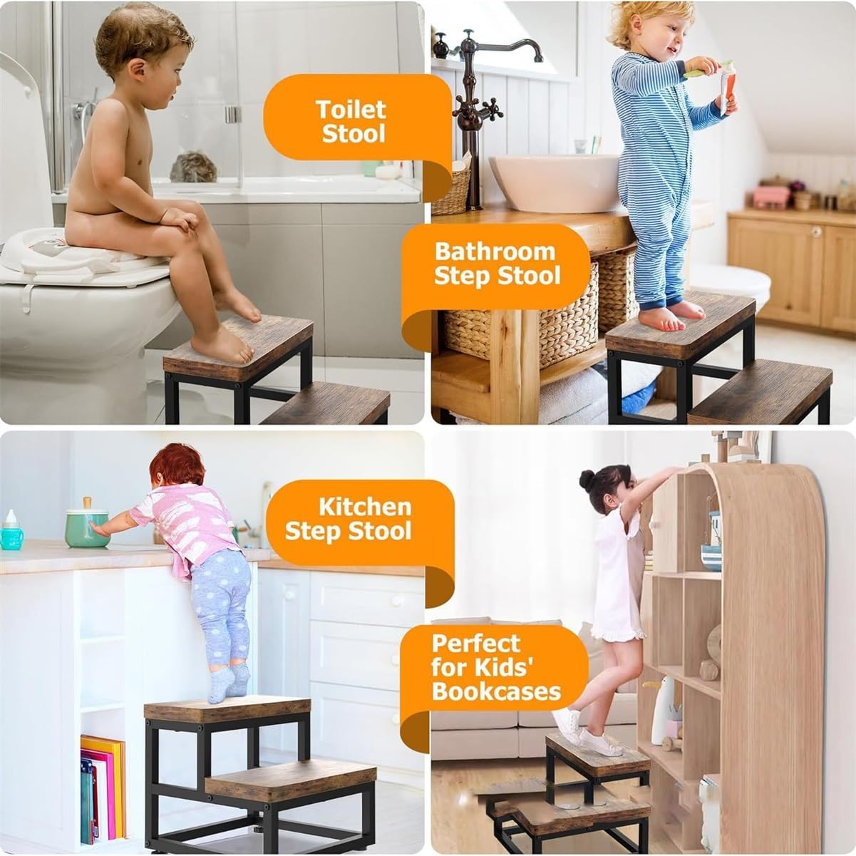 2-stufiger Tritthocker aus Holz & Metall, Stabiler Hocker for Kinder & Erwachsene, mit nivellierenden Füßen, for Küche, Bad, Eingang, Schuhbank(Braun)