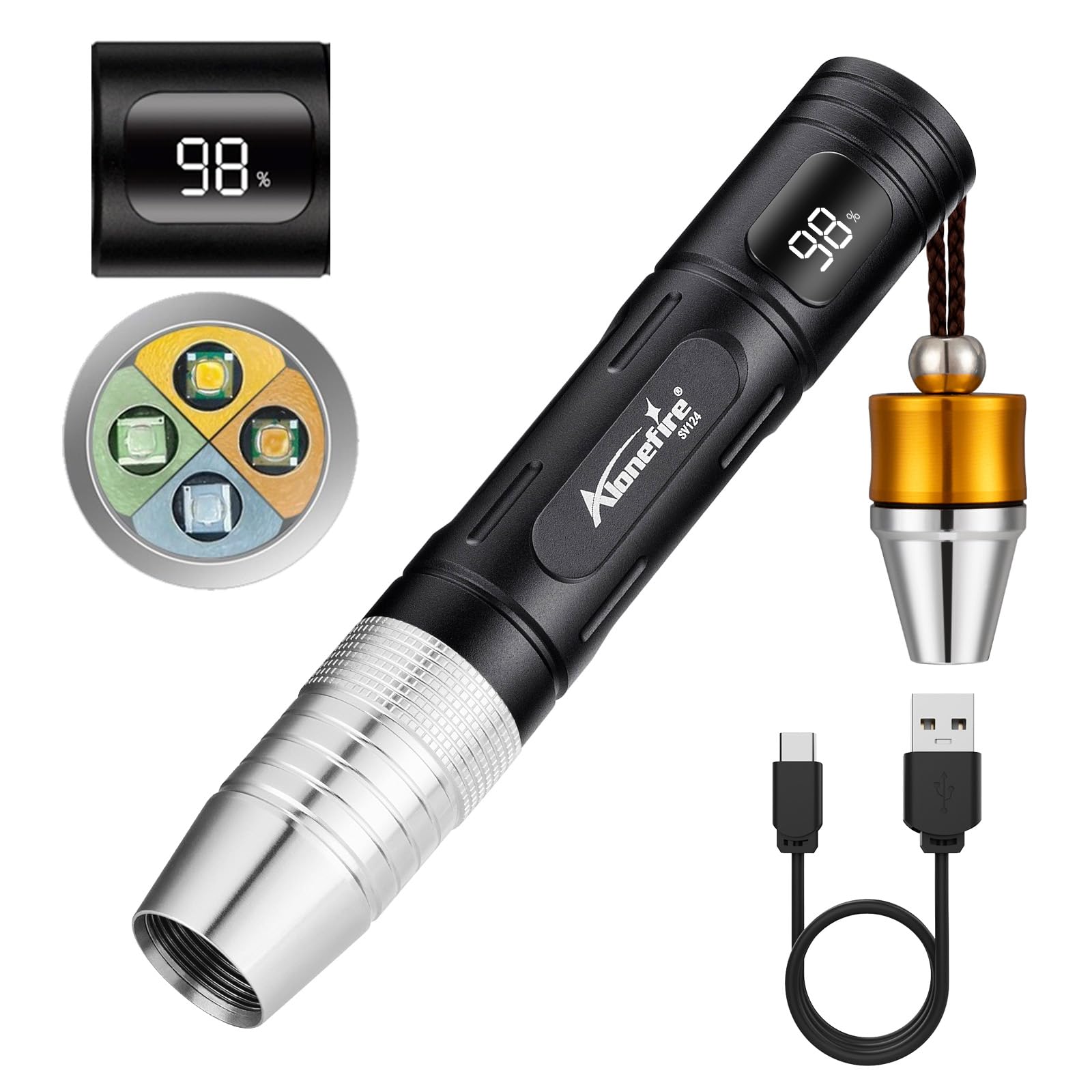 Alonefire SV124 EDC の懐中電燈 小型 365nm/395nm 紫外線 UV ブラックライト、黄色と白色の光 のデジタル表示 USB Type-C 充電式 ペットの尿検知器 宝石 鉱石 ライト 鉱物 鑑定用 小さな集中のヒント、内蔵バッテリー 付き