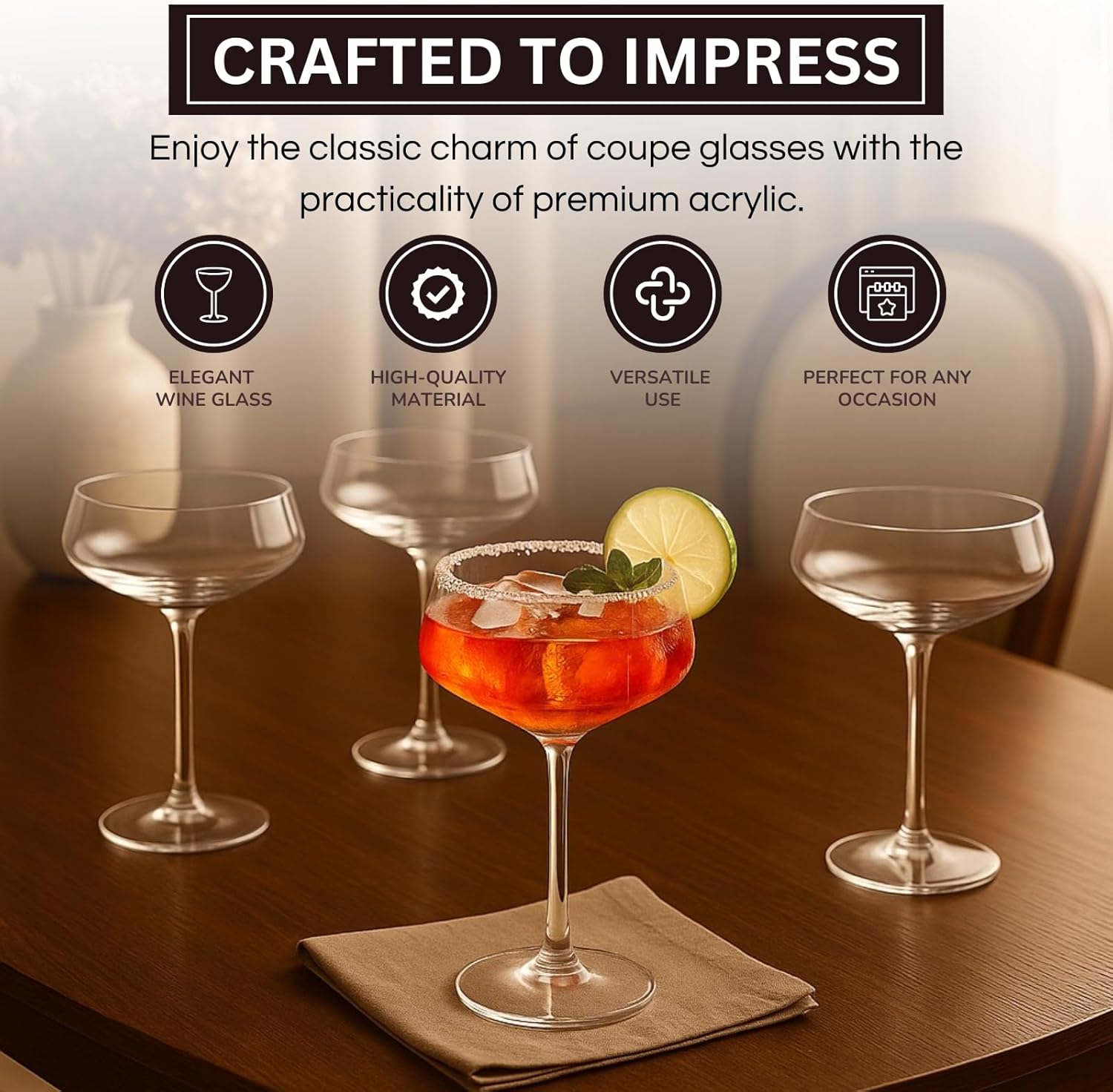 Khen 10.15 Ounce Plastic Acrylic Coupe Glasses (Set of 4), Martini Glasses, Champagne Saucers, Reusable, BPA-Free, Shatter-Proof, Dishwasher-Safe, Perfect for Poolside, Outdoors, Indoors, and More