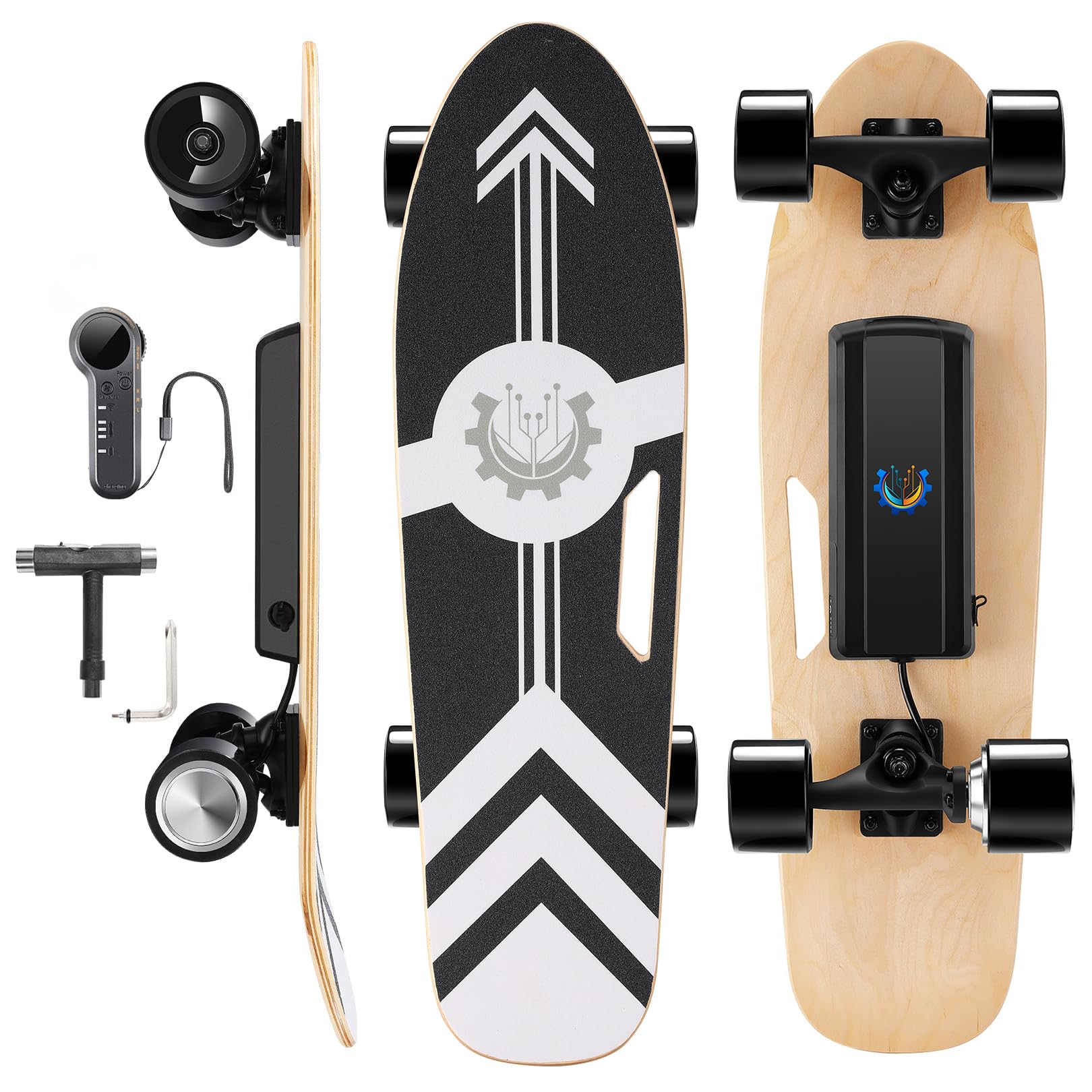 CAROMA 350W Electric Skateboards with Remote, 7 Layers Maple Electric Longboard with Remote, 6-8miles Range, 12.4 MPH Top Speed, E Skateboard for Teens Adults (Black Arrow)