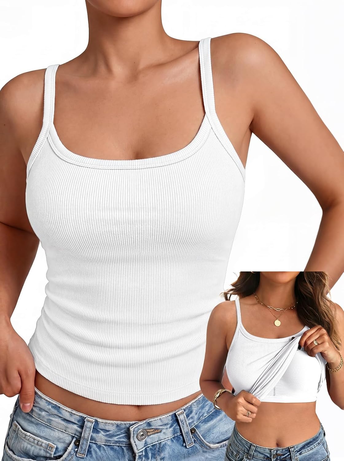 Women Built in Bra Tank Top Form Fitting Scoop Neck Ribbed Basic Padded Cami Shirts