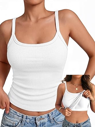 GKBK Women Built in Bra Tank Top Form Fitting Scoop Neck Ribbed Basic Padded Cami Shirts
