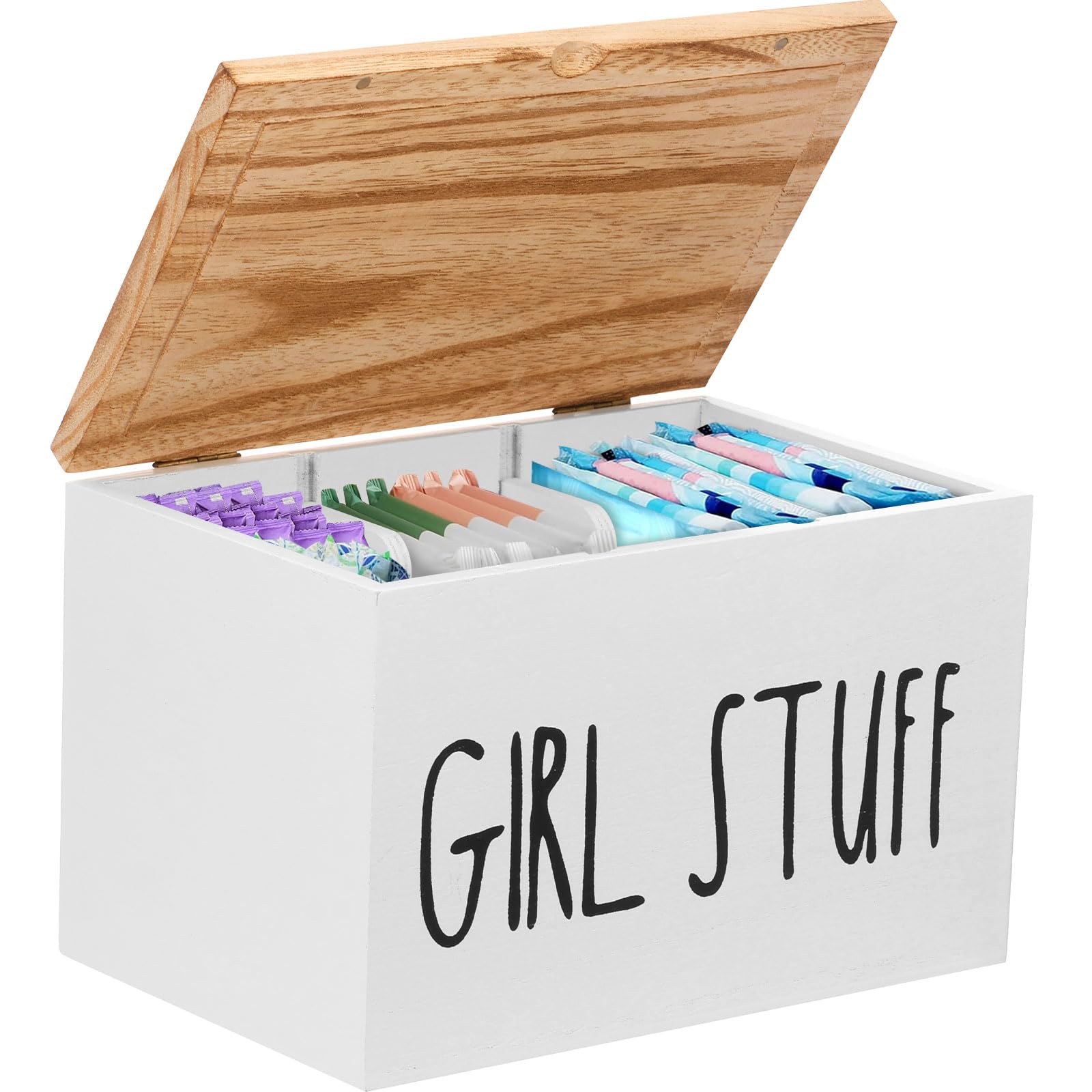 CBWERBB Tampon Holder for Bathroom Tampon Sanitary Pad Box Feminine Product Organizer Wood Bathroom Bin with Lid and Compartments Solid Period Box Cotton Swab Holder (White)