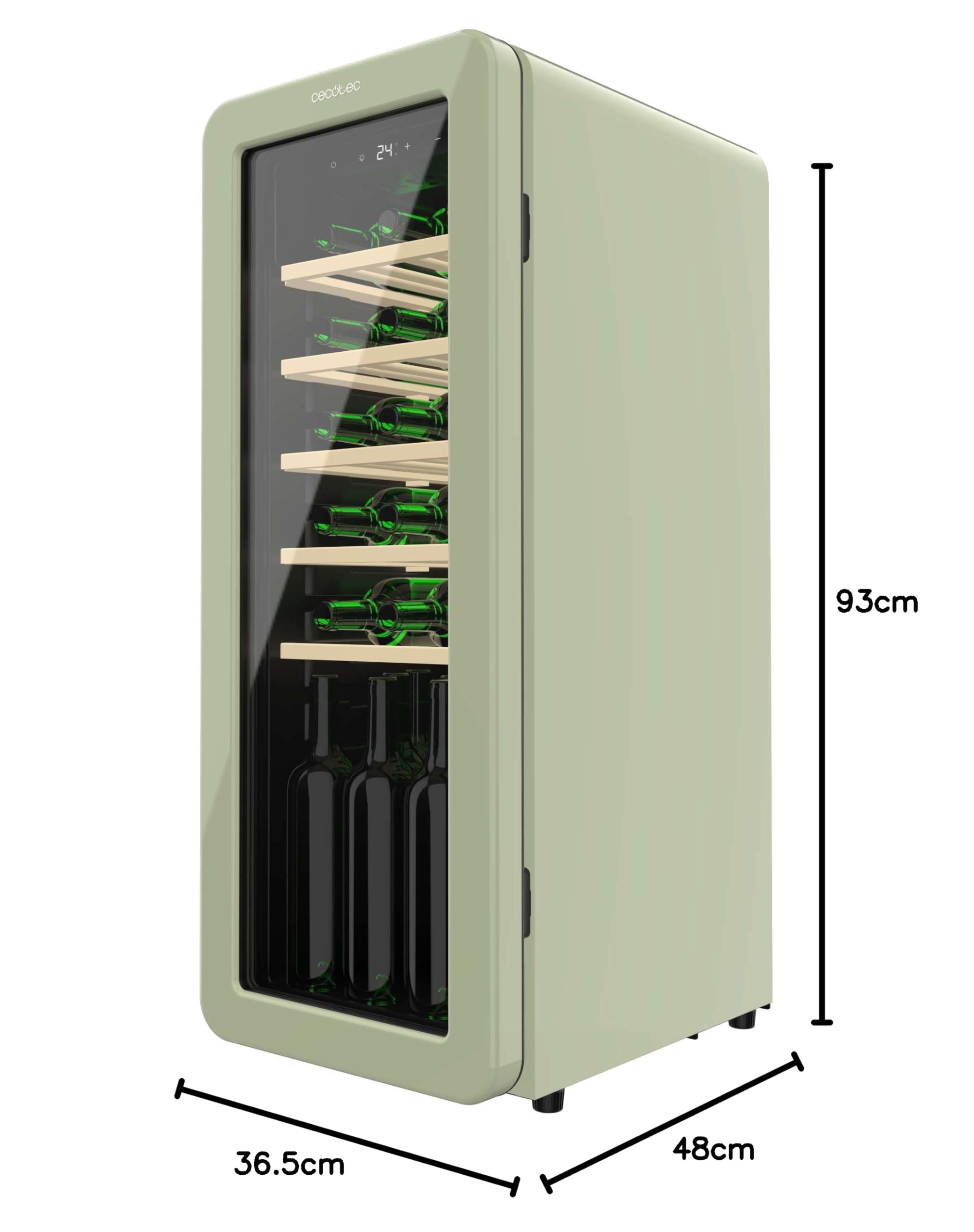 Cecotec Cantinetta 24 Bottiglie Retrò Bolero Grandsommelier Origin 24 Hit Green. Finitura Verde Controllo Led, Temp. 5-20ºC, NoFrost, Ripiani In Legno, Luce Interna, Ventilazione