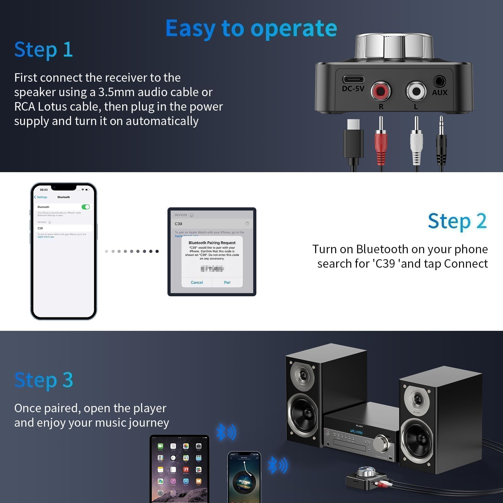 NEUTYPECHIC Bluetooth 5.0 Empfänger für Stereoanlage, Dual AUX Adapter Mit 3.5 mm Klinke & Cinch Audio Receiver für Lautsprecher, Verstärker und Autoradio