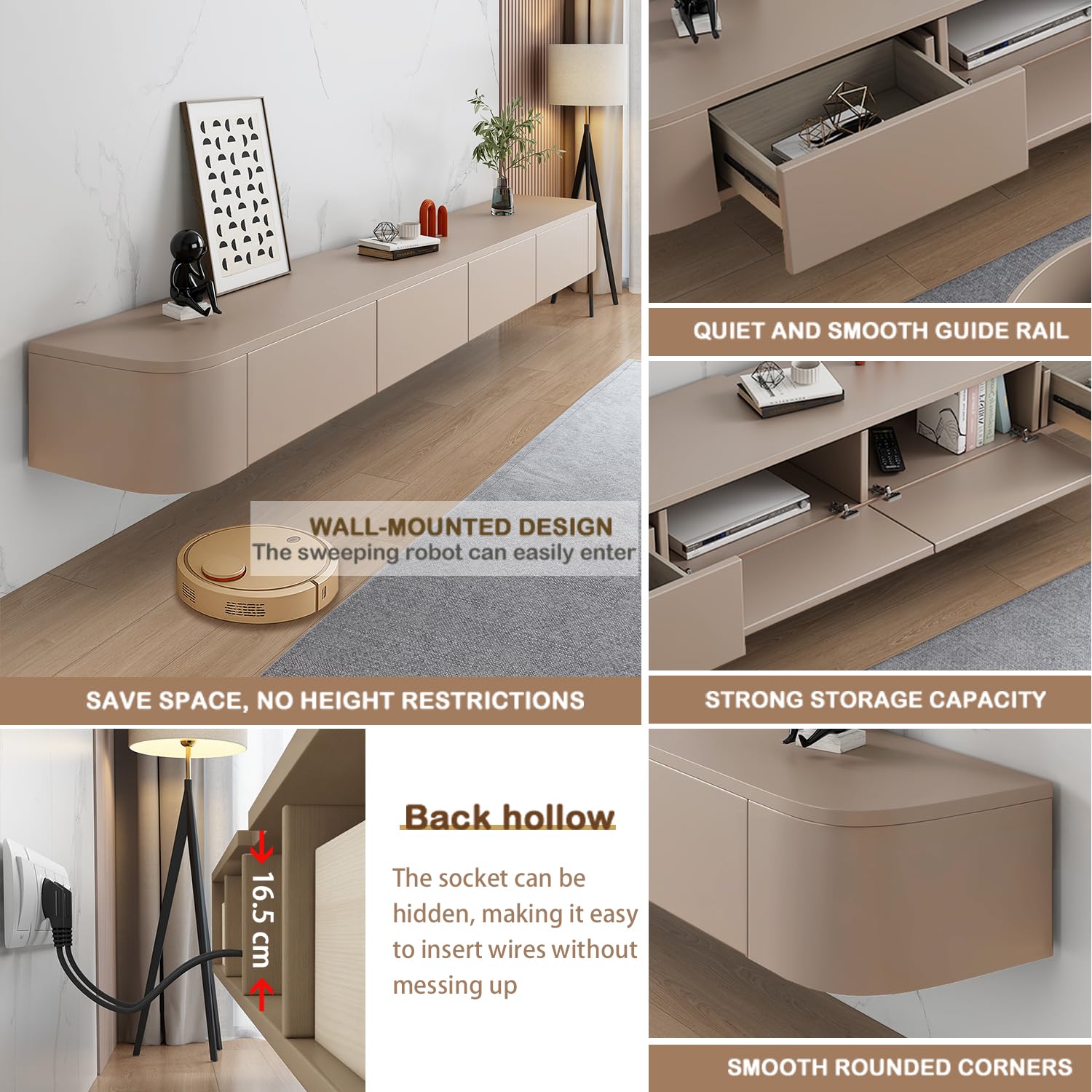 Mobile TV Sospeso Moderna | Consolle Multimediale da Parete | Grande Mobile TV con Spazio di Archiviazione per Soggiorno e Ufficio (kaki, 220cm)