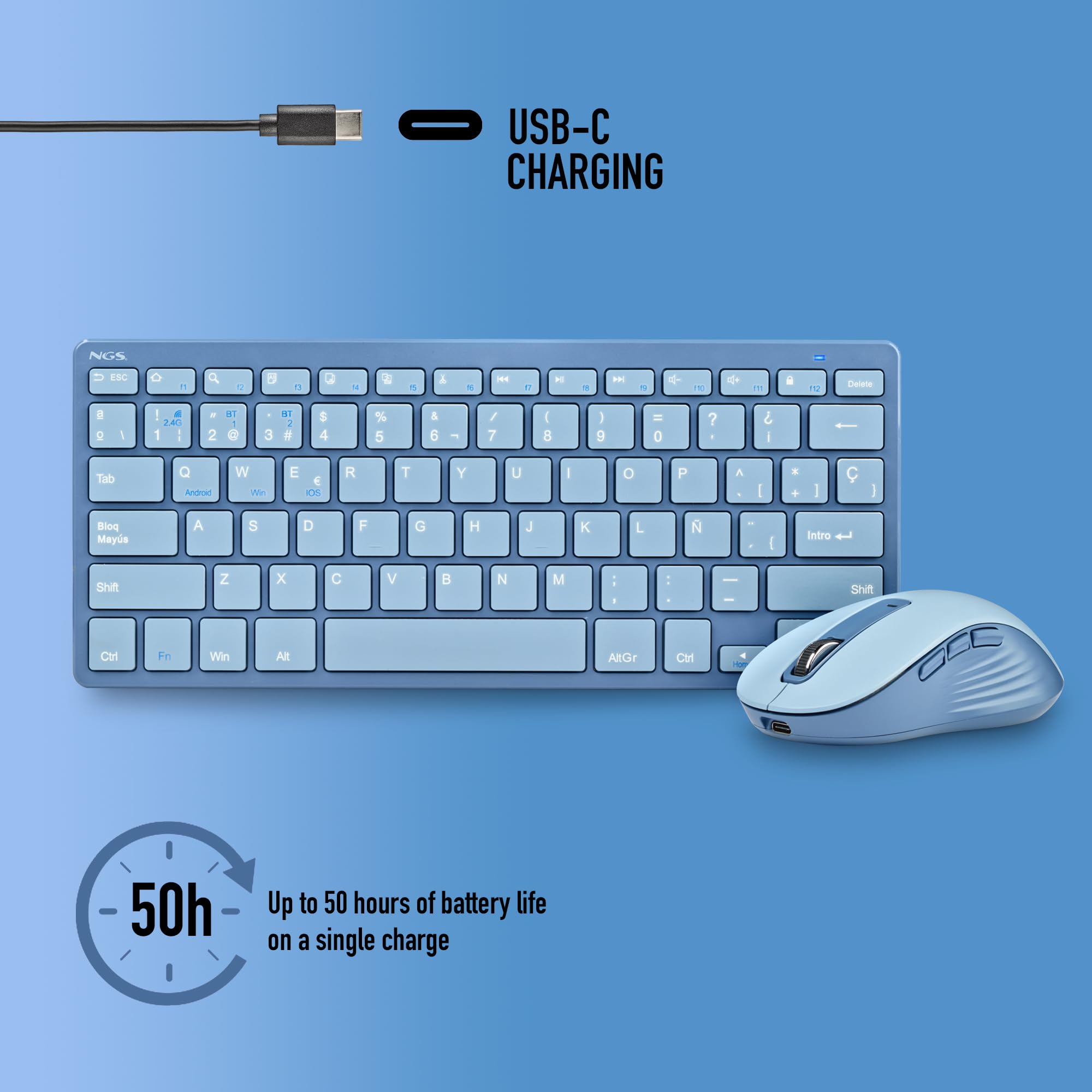 NGS Fantasy Kit Bleu Combo Clavier et Souris Langue Française AZERTY Rechargeable sans Fil Silencieux Multimode (2,4 GHz/BT1/BT2), 12 Touches multimédia, dpi réglable, Compatible avec PC/Mac/Tablets