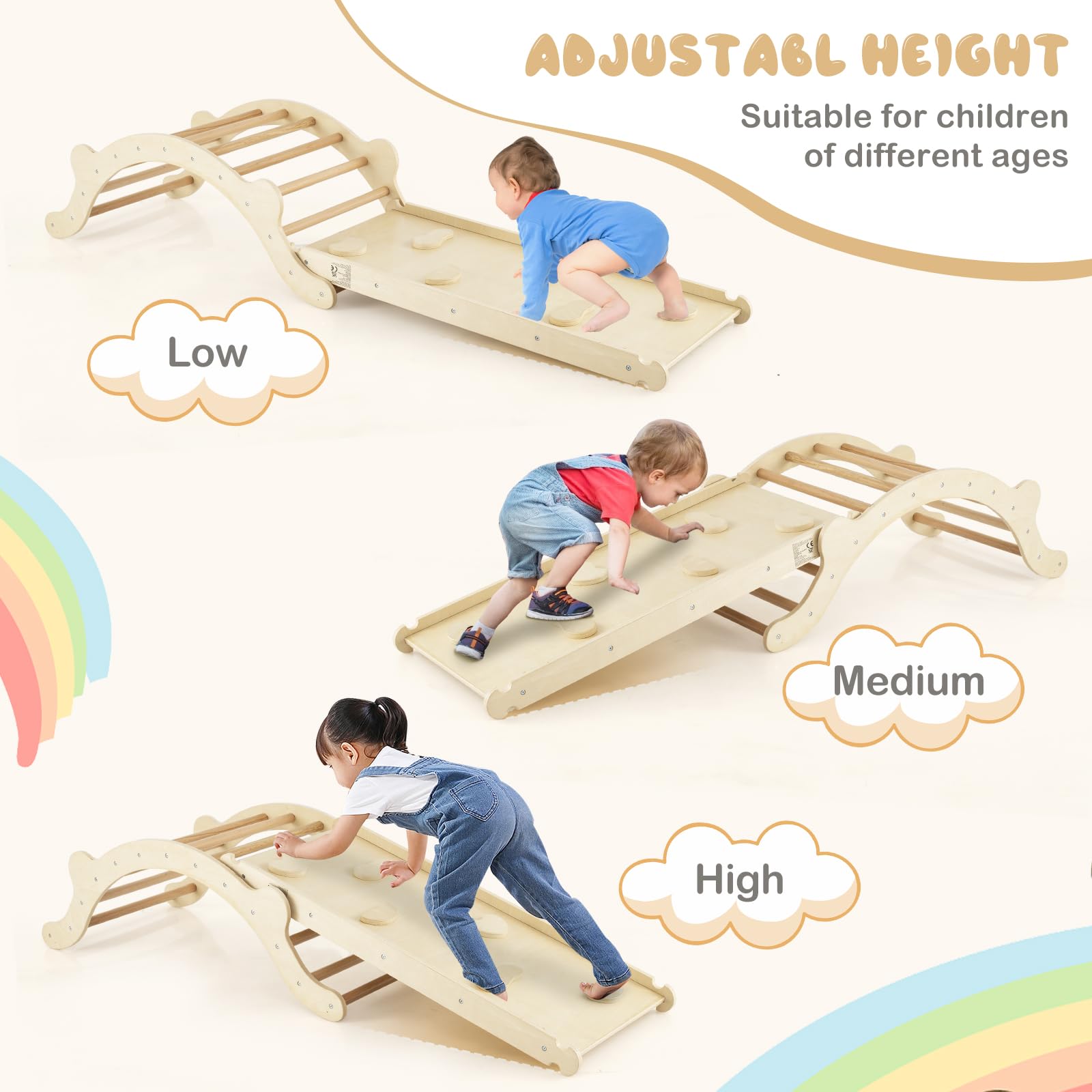 HOMASIS 3-in-1 Kletterbogen mit Rutsche & Wippe, Klettergerüst Indoor mit umkehrbare Rampe & Matte, Kletterdreieck zum Rutschen, Klettern, Schaukeln, für Kinder ab 1 Jahr (Natur, Modell 2)