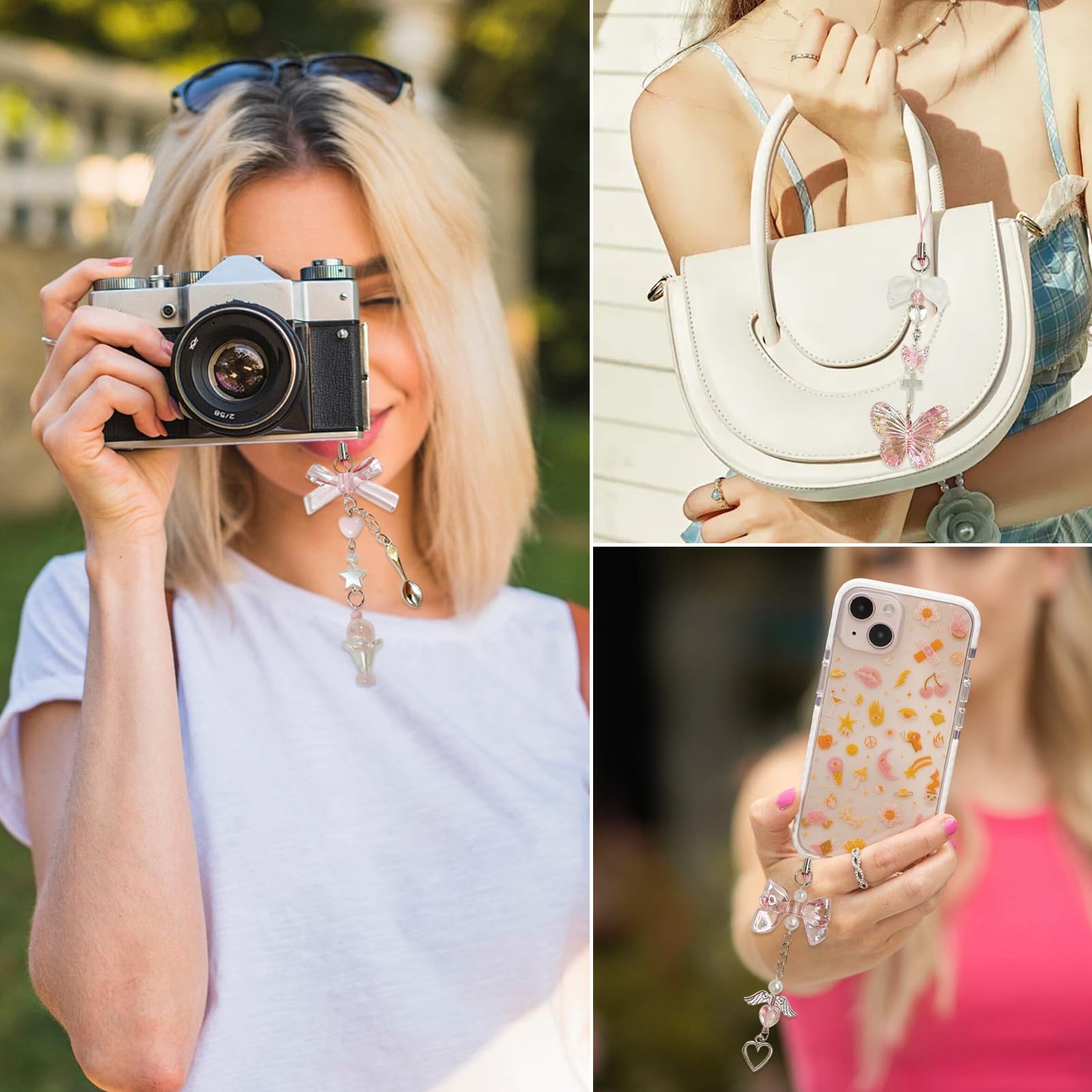 Pendentifs Y2K pour Téléphone Portable 6 Pcs, Kawaii Noeud Papillon Chaîne Anti-Perte