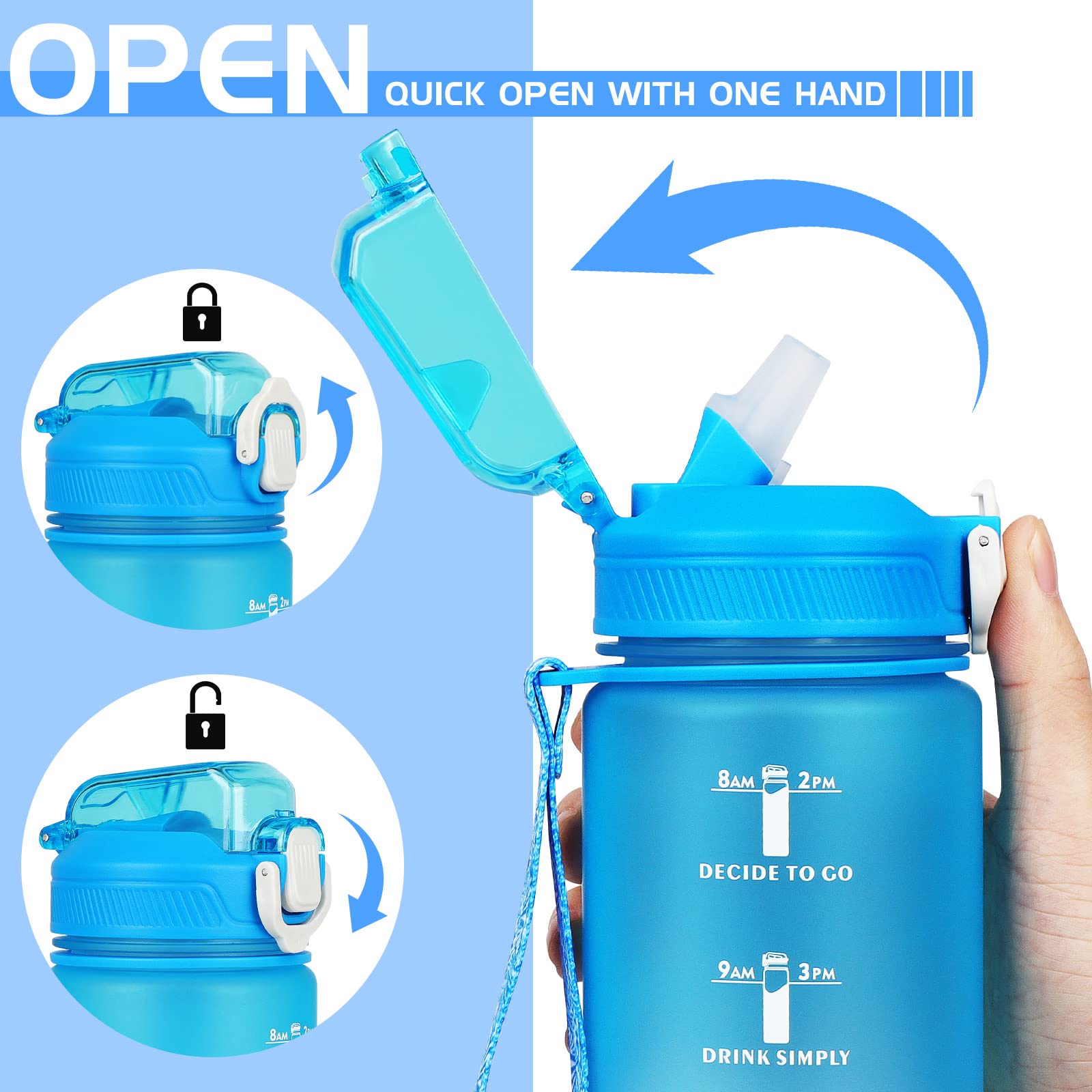 CodiCile Borraccia 1 litro con cannuccia e segni, Borraccia motivazionale a prova di perdite, Borraccia sportiva da 1 l con coperchio senza BPA, per palestra, ufficio, campeggio, corsa (blu)