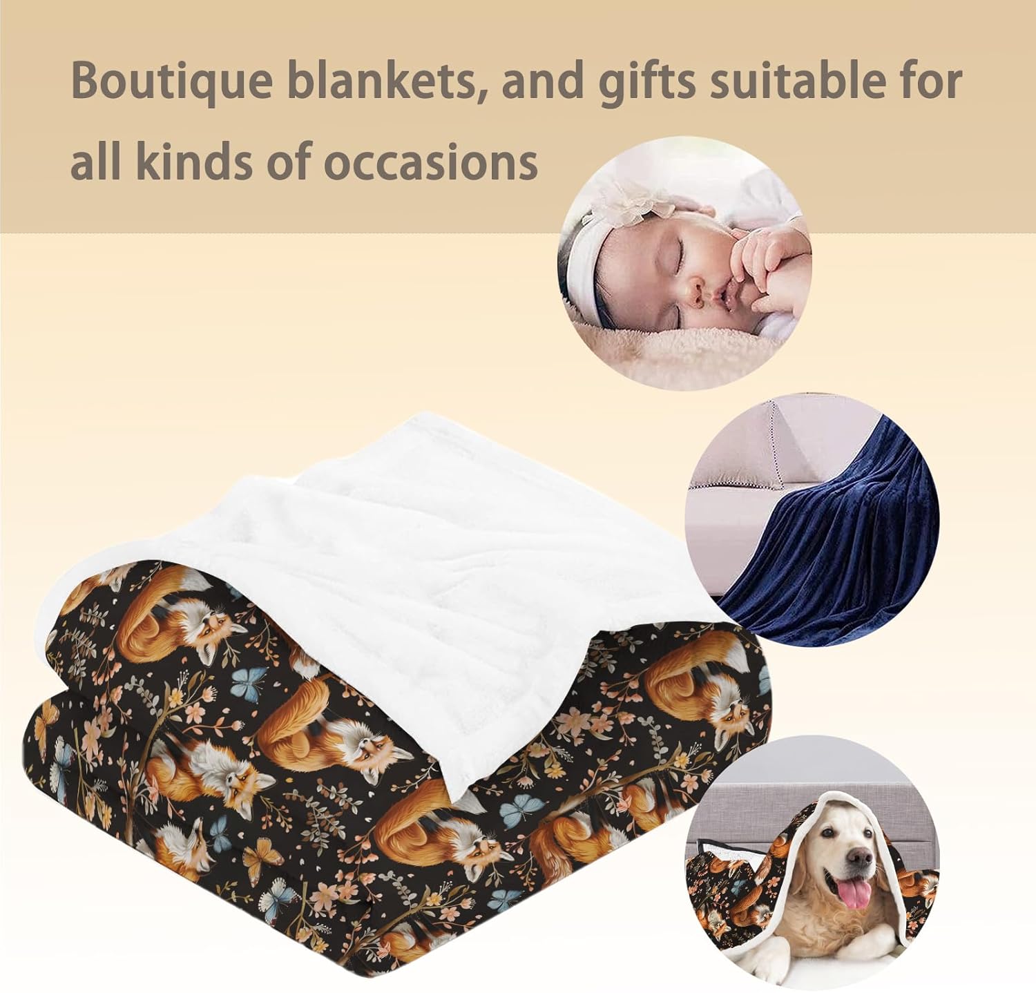Fox with Floral Blanket, Soft Warm Lightweight Animal Flannel Throw Blanket for Couch, Bed, Travel & Outdoor, Cozy Fluffy Fuzzy Blankets for Adults Kids, Home Decor 60×50 in - Image 5