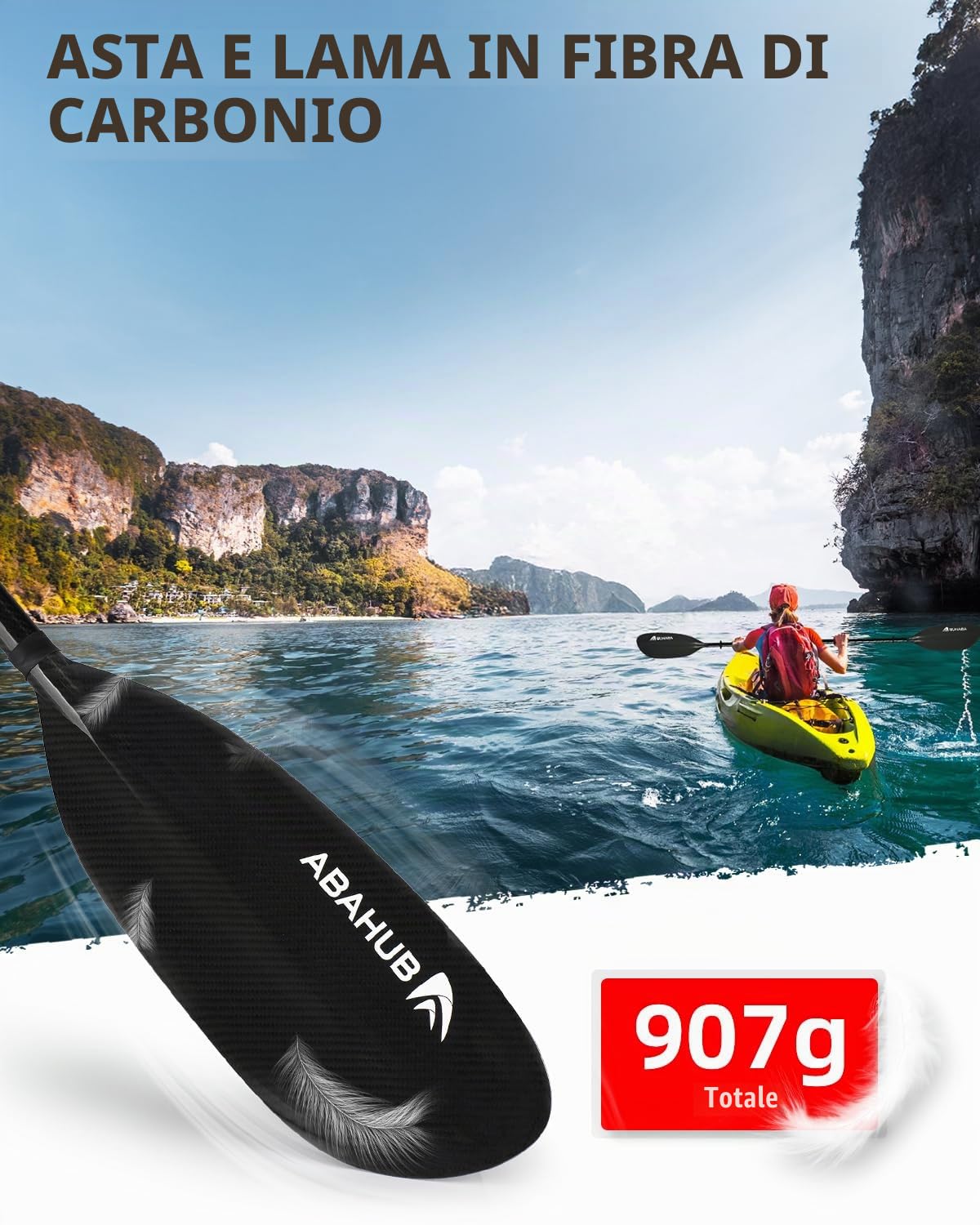 Abahub Pagaia Kayak in Carbonio Completamente Regolabile, 220–230 cm Doppia | Pagaia con guinzaglio, ideale per kayak e barche a remi. Gambo in carbonio e lama in fibra di carbonio.