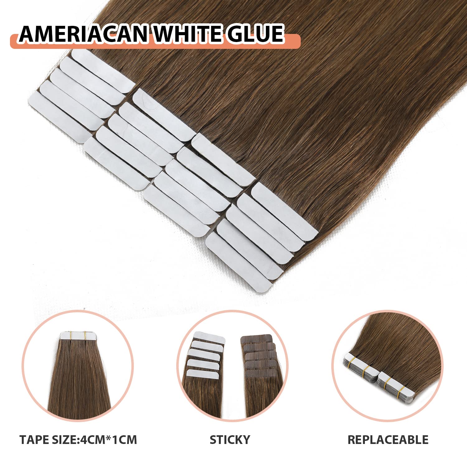XDhair Tape in Real Human Hair Extensions Silky Straight 50g 22inch 20pieces Medium Brown Tape in Hair Extensions for Fashion Women (#4 - Image 3