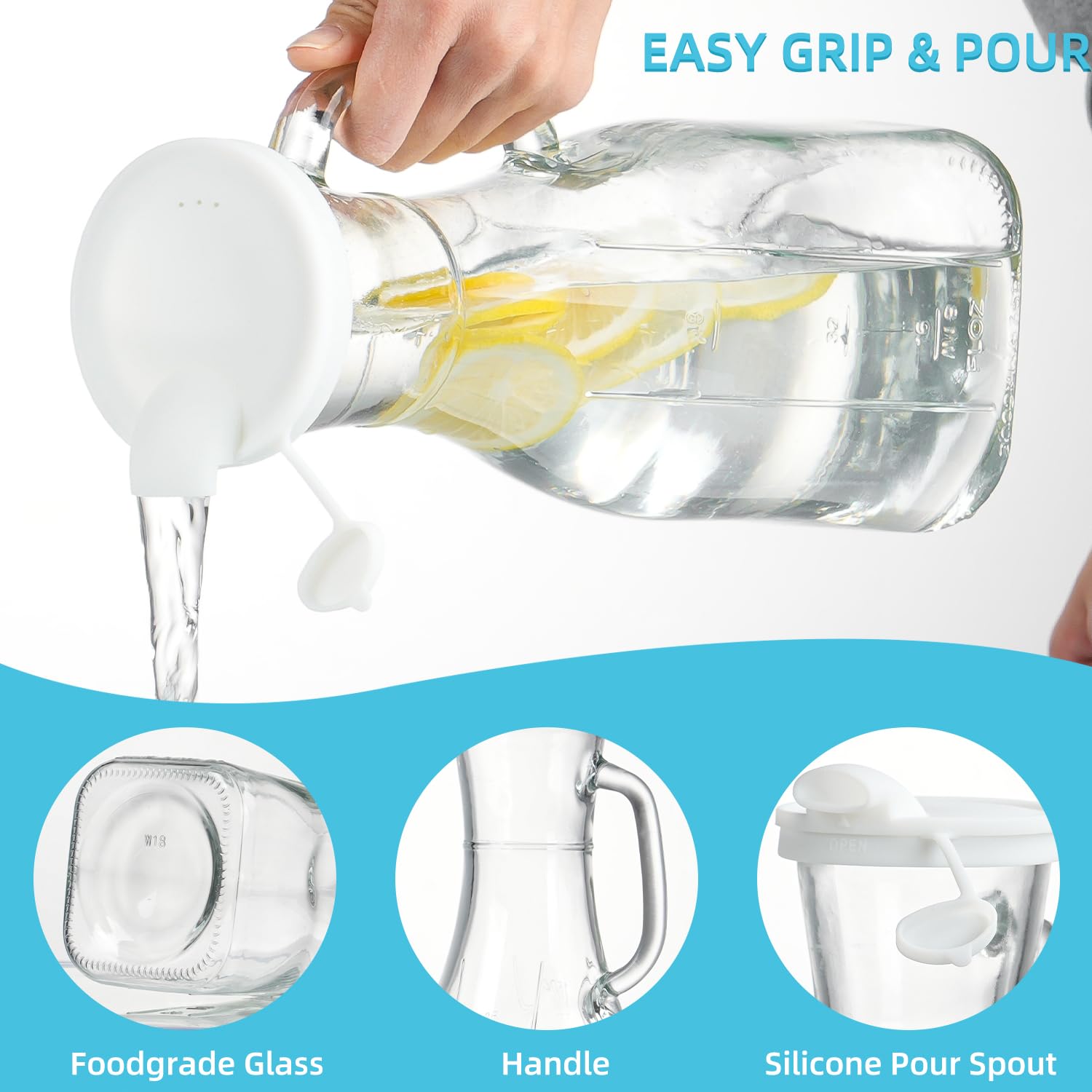 Absovetu Paquete de 3 jarras de vidrio con tapas de 1.9 L/64 onzas, jarras de agua de vidrio para refrigerador, jarra de agua, jarra de jugo con asa para jugo, leche, vino, té