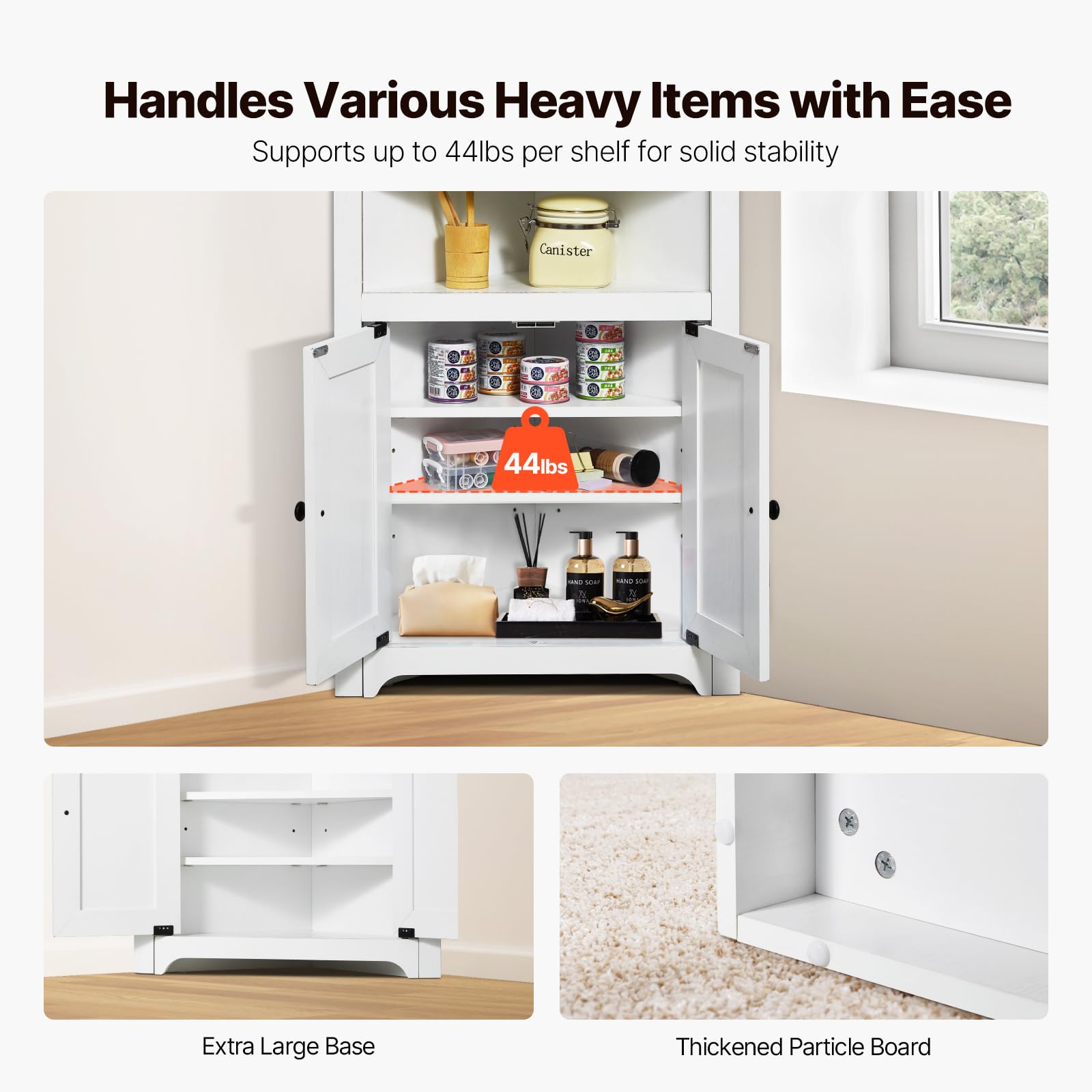 VEVOR Armario de Almacenamiento de Esquina de 645 x 325 x 845 mm, Armario de Almacenamiento Pequeño de 3 Niveles con 2 Puertas de Madera y Estantes Ajustables para Sala de Estar, Cocina, Baño, Blanco