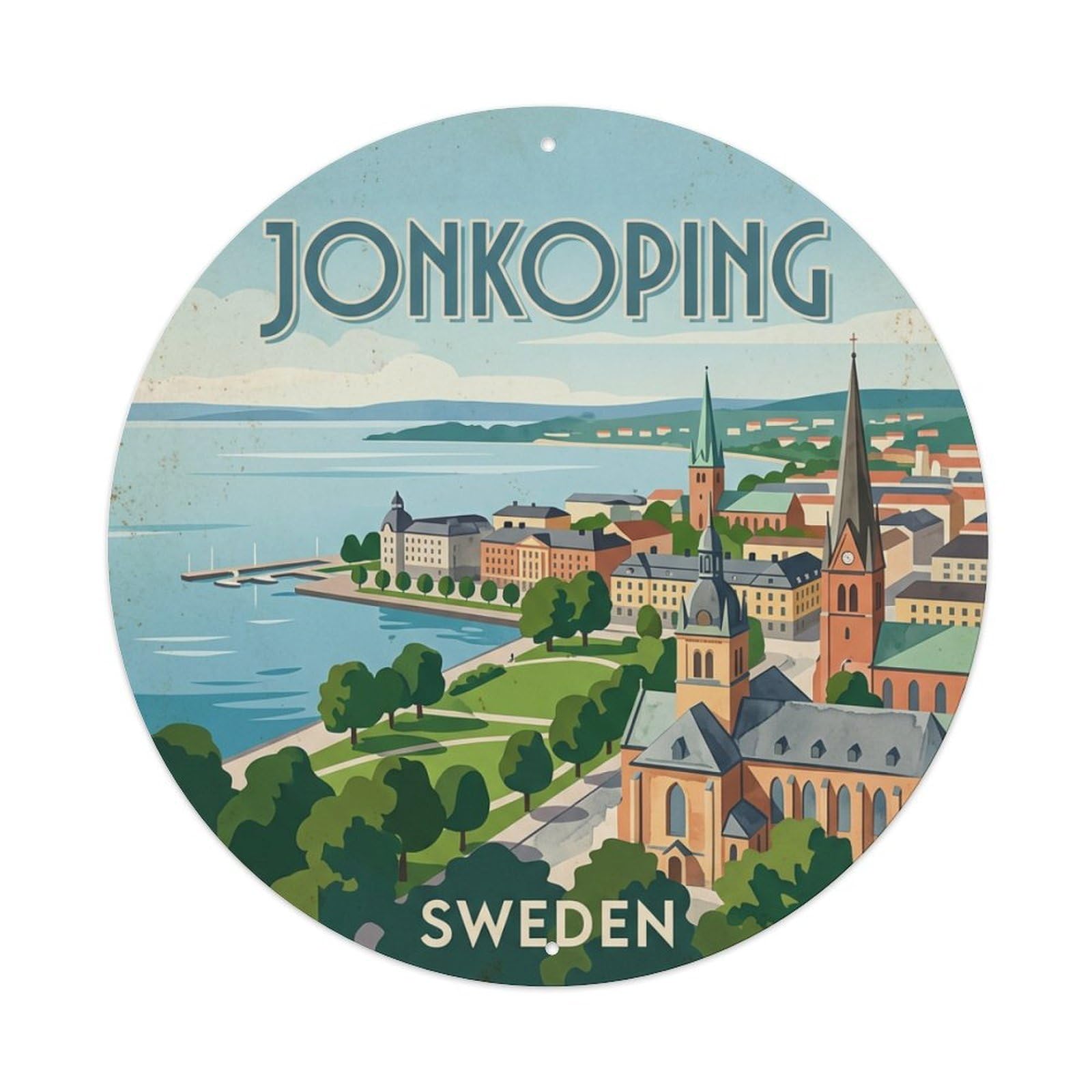Vintage Travel Jonkoping Sweden Lakefront Metal Tin Sign
