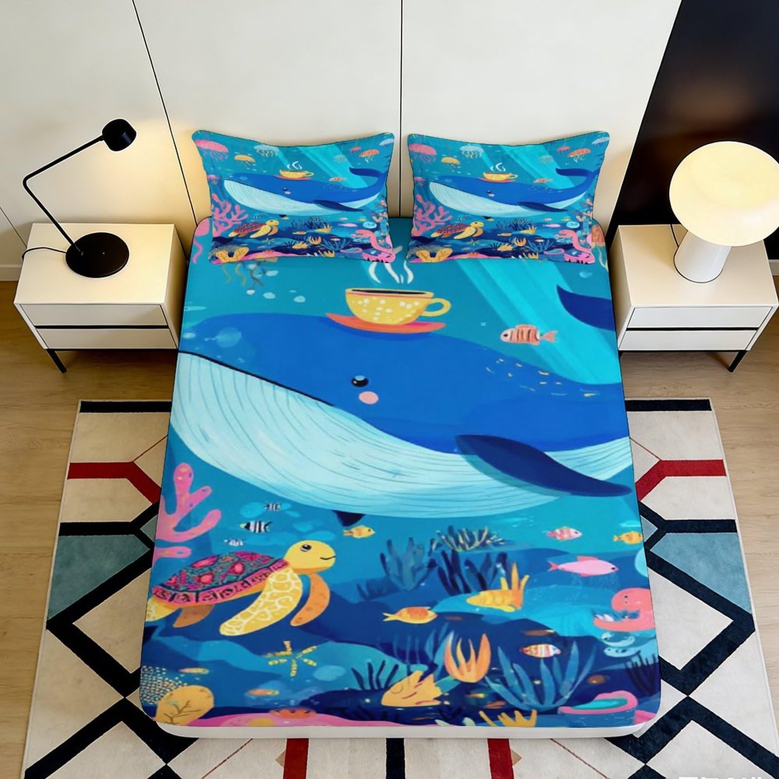 3D Printed Ocean Whale Fitted Sheet Microfiber Soft Blue Sea Turtle Mattress Cover for Bedroom Guest Room Decor 120x200x25cm