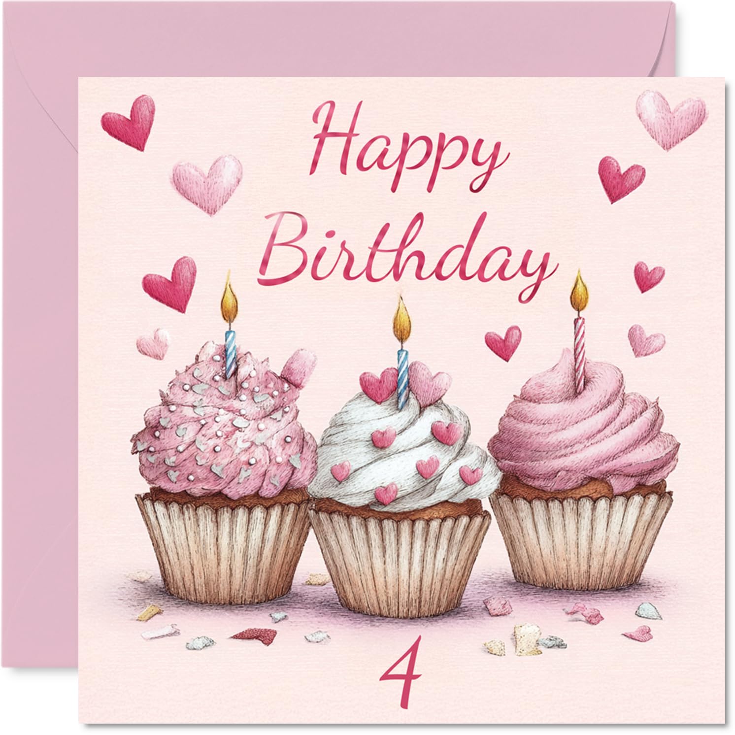 4th Birthday Cards for Girls Boys - Pink Cupcakes - Happy Birthday Card for 4 Year Old Girl Boy Nephew Son Sister Grandson, 145mm Bday Greeting Cards