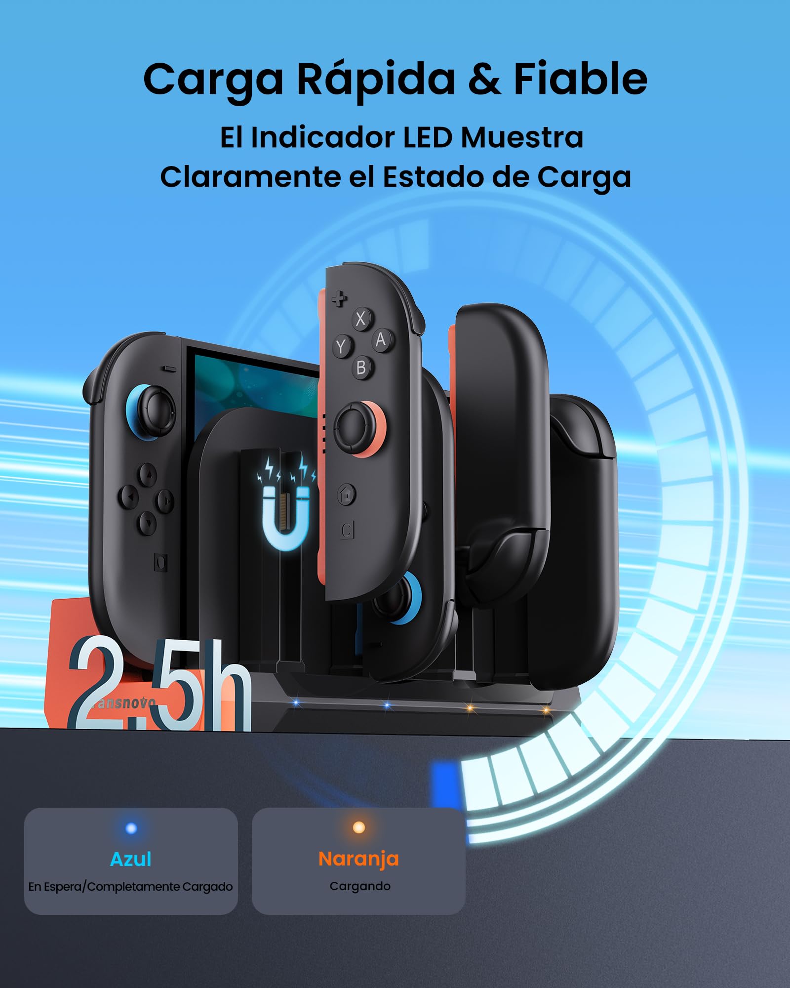 TRANSNOVO Quad Joycon - Base de carga inalámbrica para Switch 2, controlador de 4 puertos, estación de carga rápida Joycon con diseño magnético, indicadores LED, accesorio indispensable para jugadores